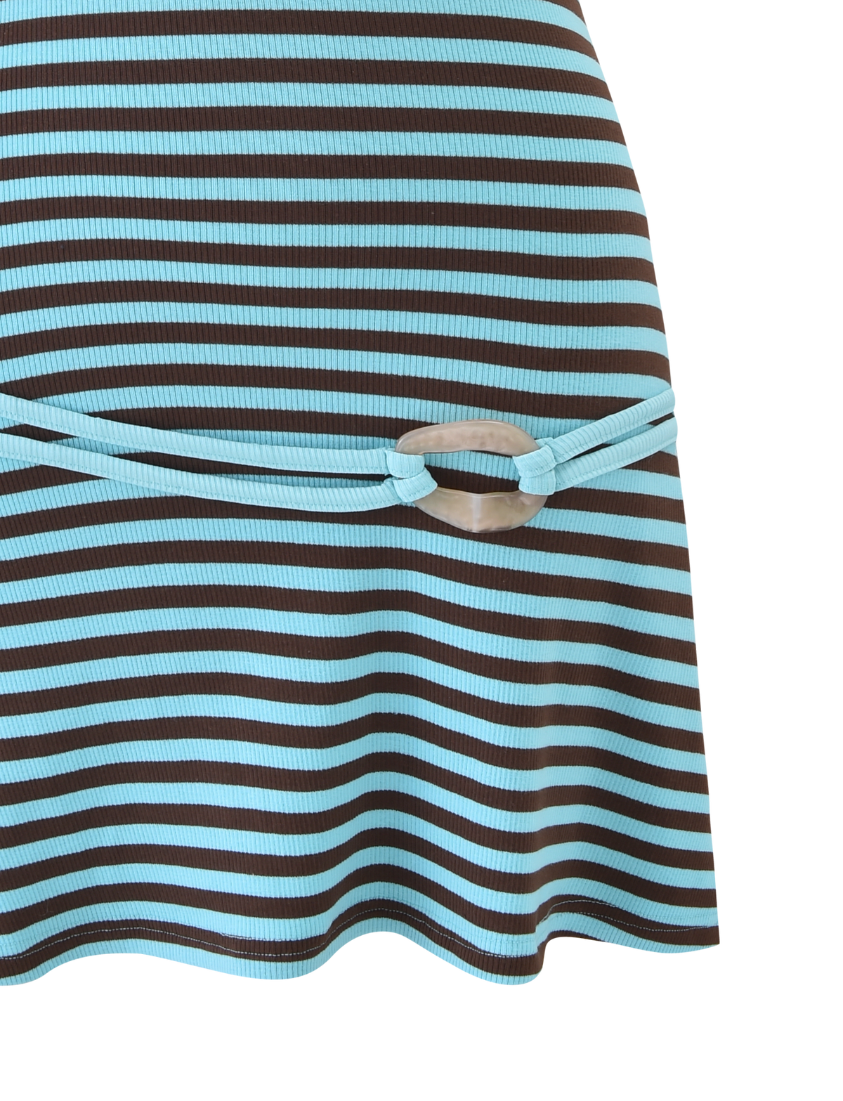 Close-up of the TIGERMIST CELESTE MINI DRESS - BLUE STRIPE, a ribbed, turquoise and brown striped mini dress with a decorative waist belt featuring an oval buckle.