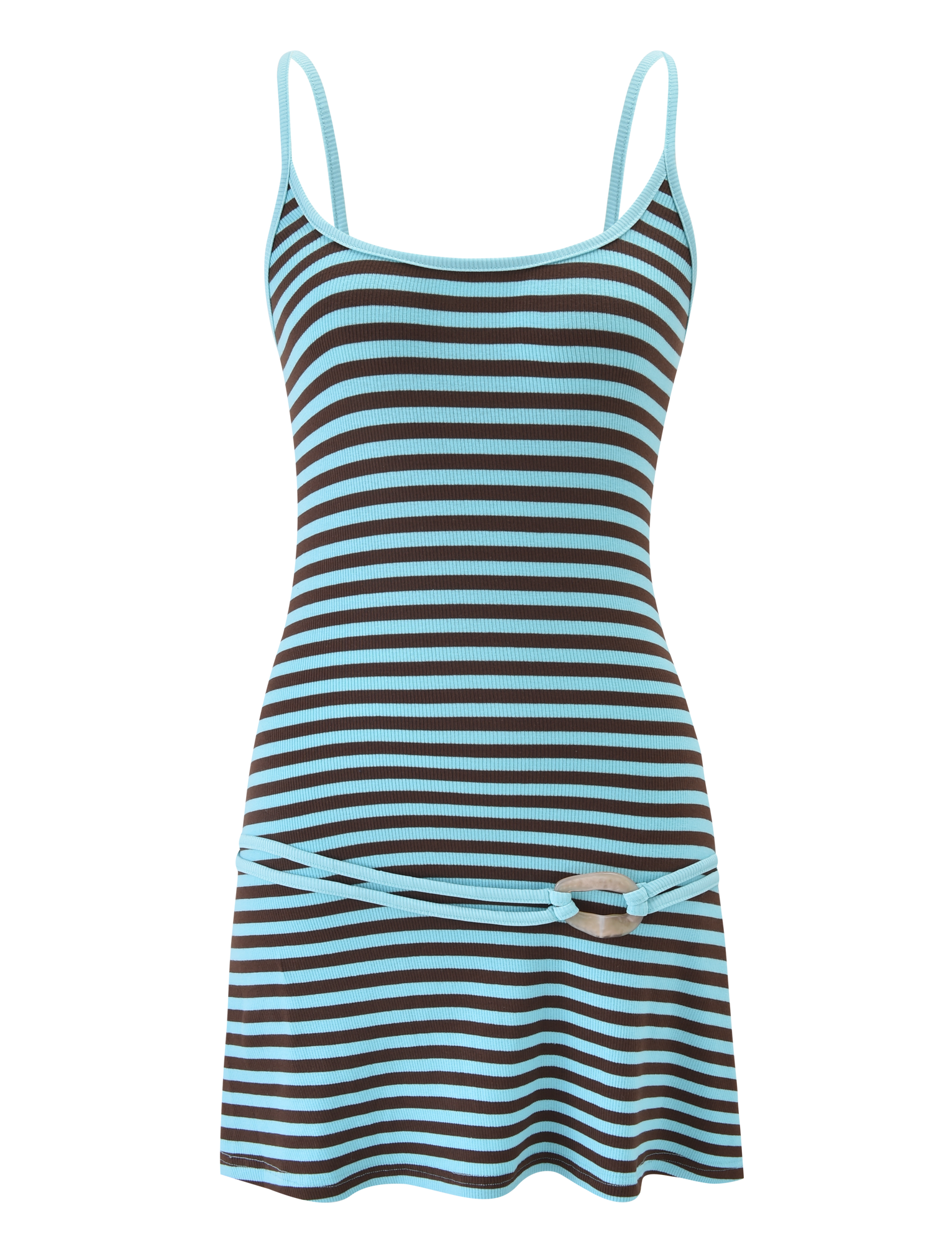 The TIGERMIST CELESTE MINI DRESS - BLUE STRIPE is a sleeveless, fitted mini dress with thin adjustable straps, horizontal black and light blue stripes, and a matching striped belt tied at the waist.