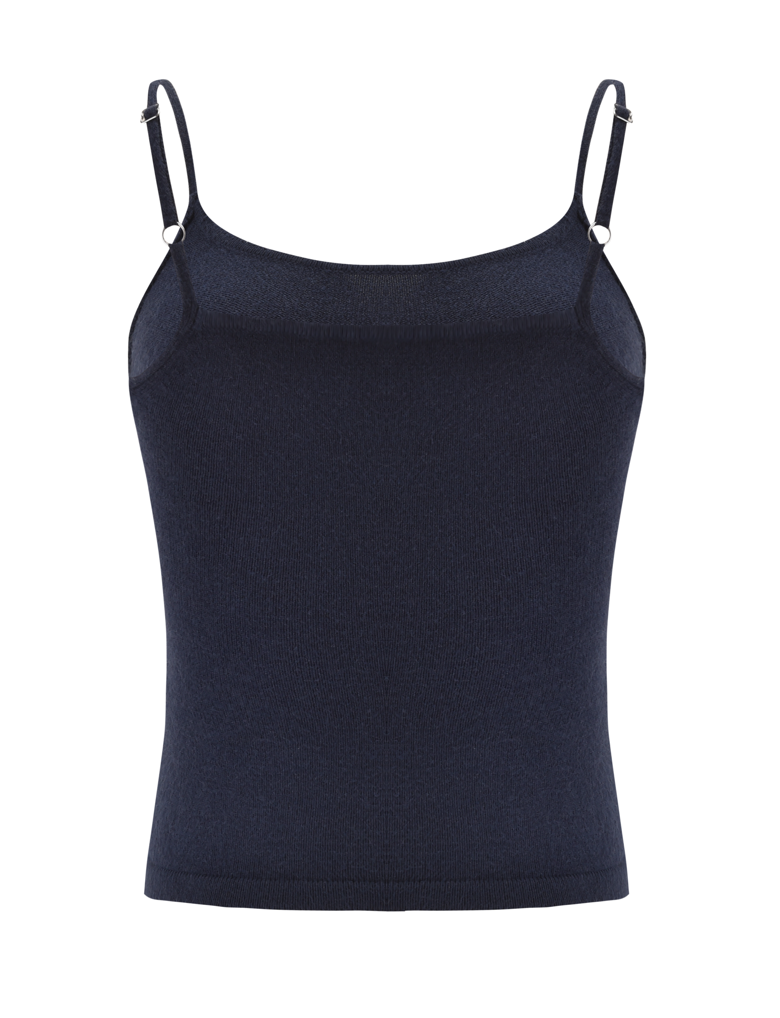 The LEORA TOP - NAVY by TIGERMIST is a fitted navy knit tank with adjustable straps and a seamless design, shown on a plain white background.