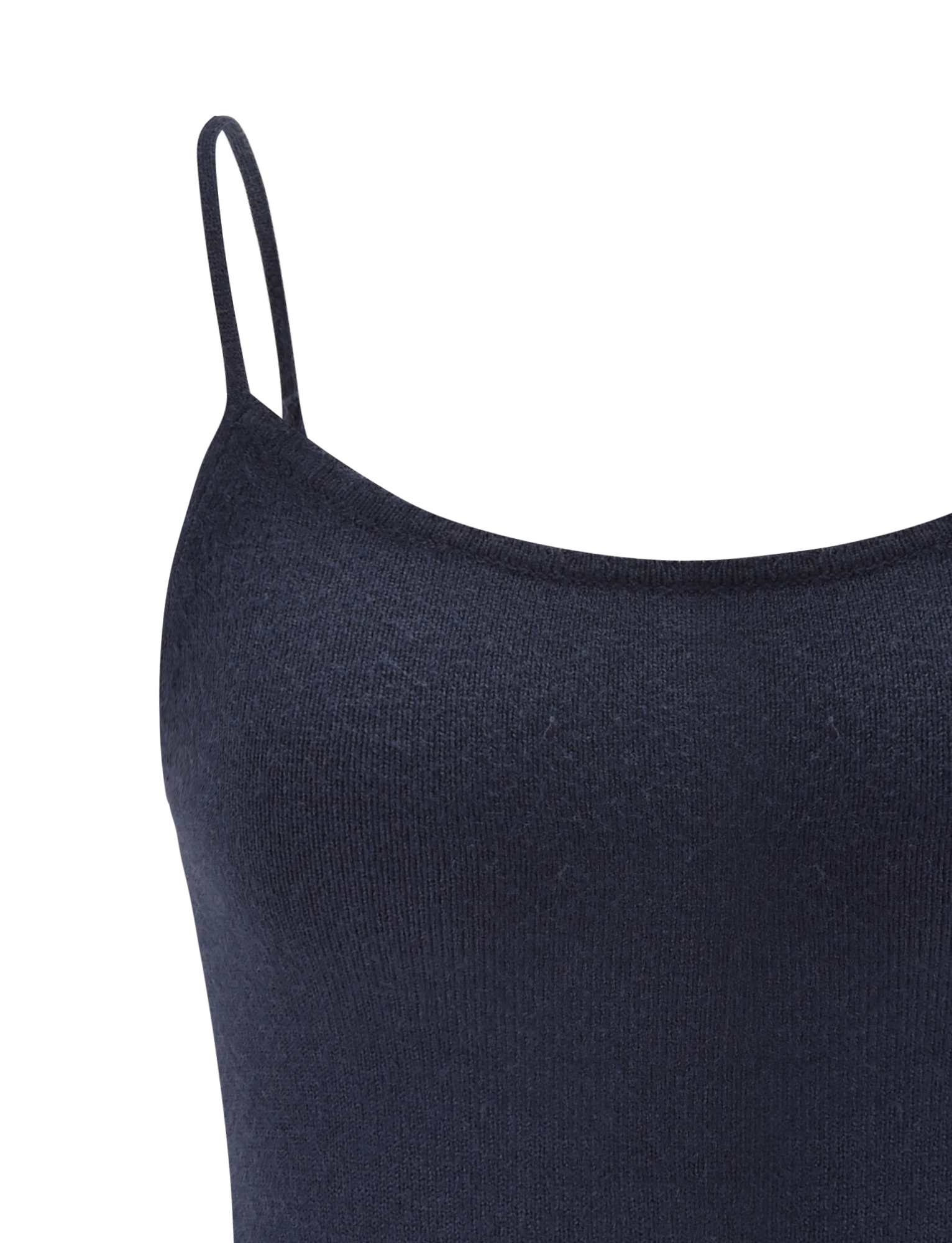 Close-up of the TIGERMIST LEORA TOP in navy, featuring thin adjustable straps and a ribbed knit texture, shown against a plain white background.