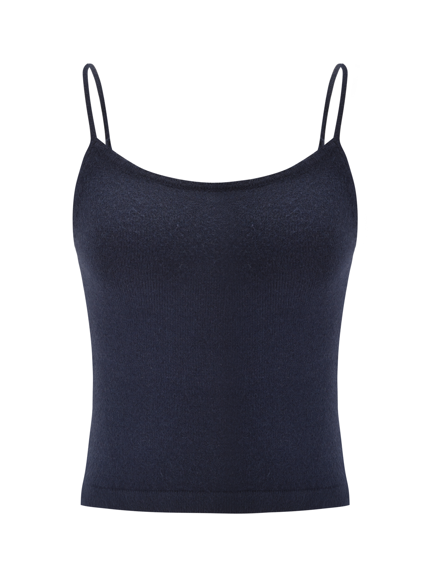 The LEORA TOP - NAVY by TIGERMIST is a fitted dark navy knit camisole featuring a scalloped neckline and thin adjustable straps, shown against a white background.