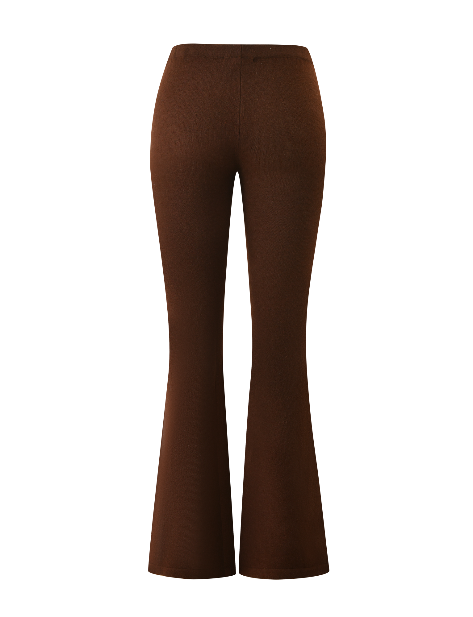 The LEORA PANT - CHOCOLATE by TIGERMIST is a pair of chocolate brown knit, high-waisted flared pants with a drawstring waist, shown from the back against a white background.