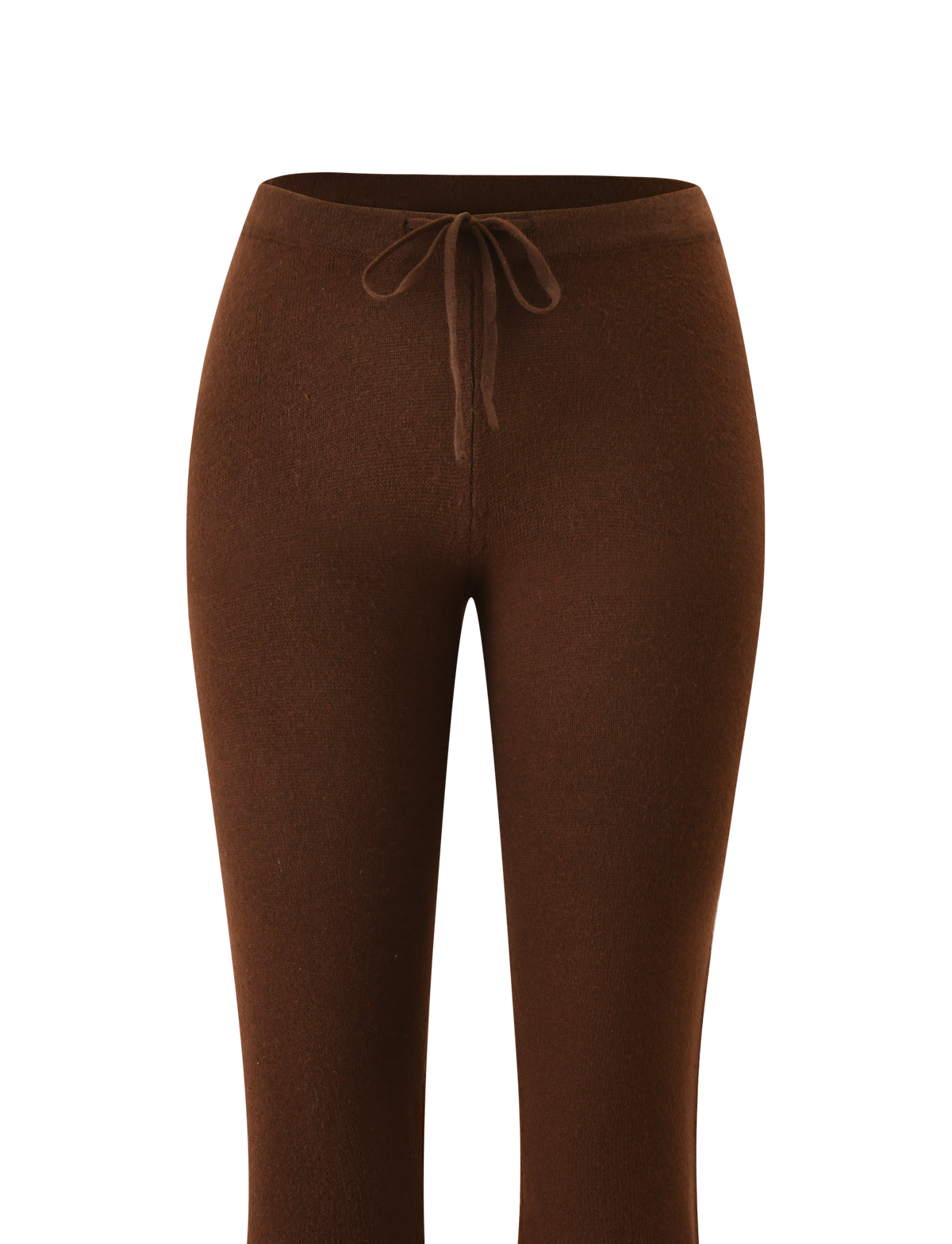 The TIGERMIST LEORA PANT - CHOCOLATE is a high-waisted, chocolate brown knit flared pant featuring a fitted silhouette and adjustable drawstring waist, shown on a white background.