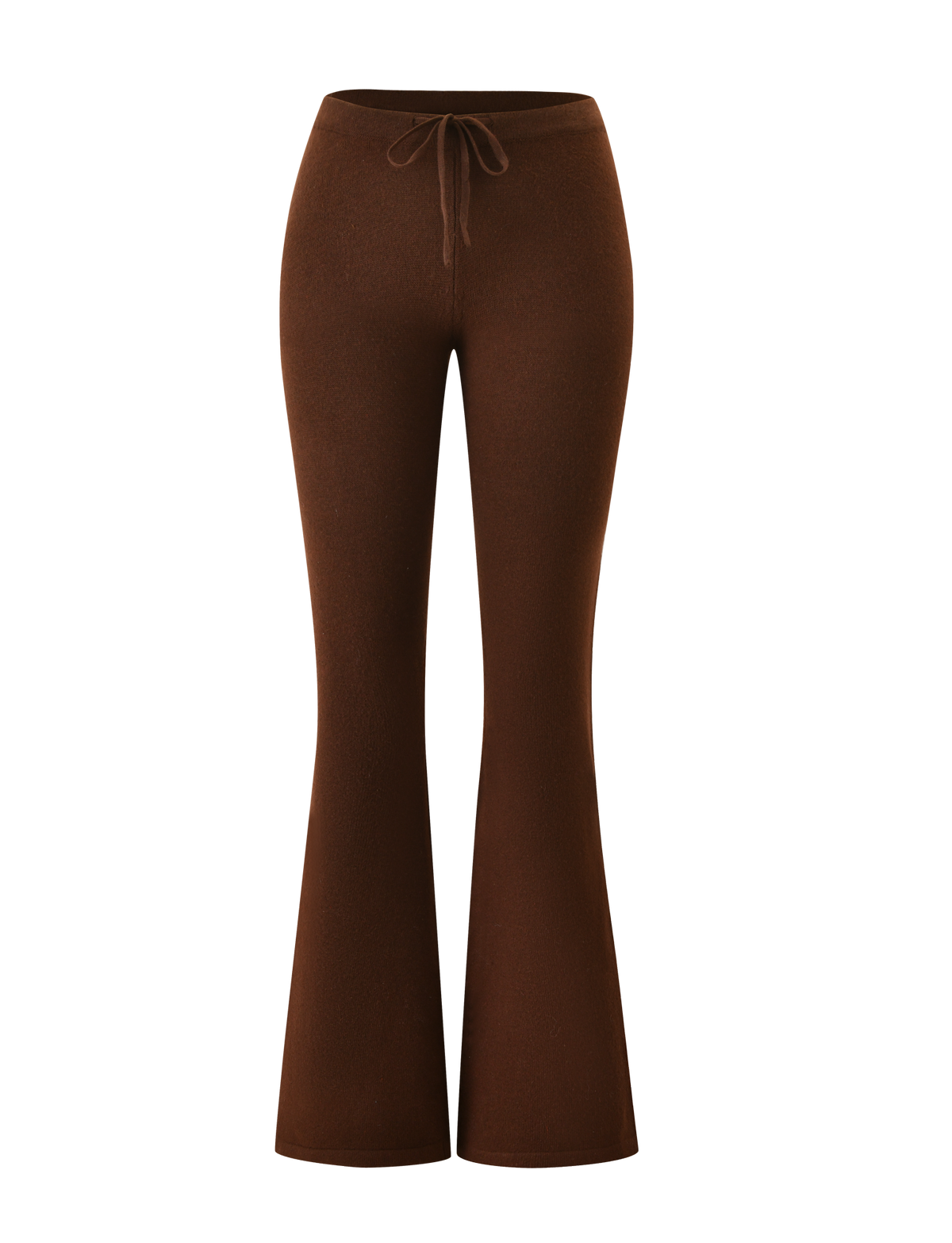 The LEORA PANT - CHOCOLATE by TIGERMIST is a chocolate brown knit pant with a drawstring waist and flared legs, shown against a plain white background.