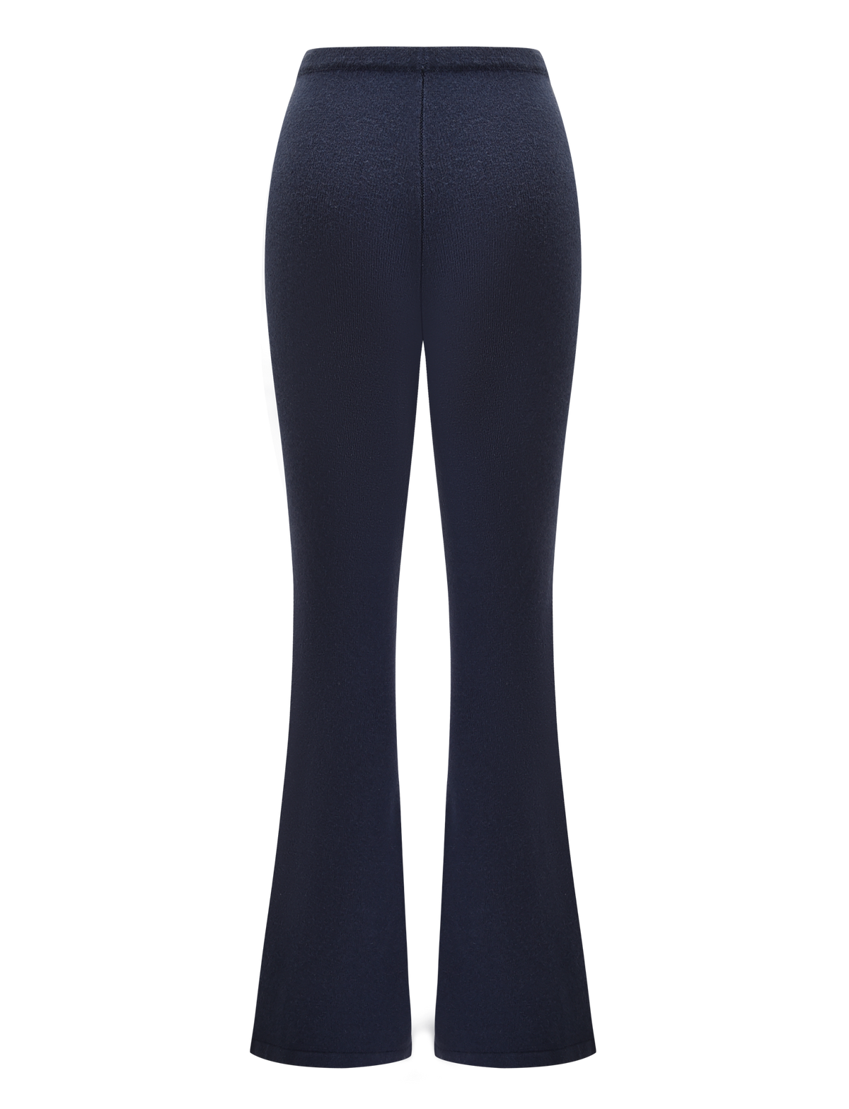 Back view of LEORA PANT - NAVY by TIGERMIST: dark navy blue, high-waisted relaxed knit pants with a flared silhouette and drawstring waist, shown against a white background.
