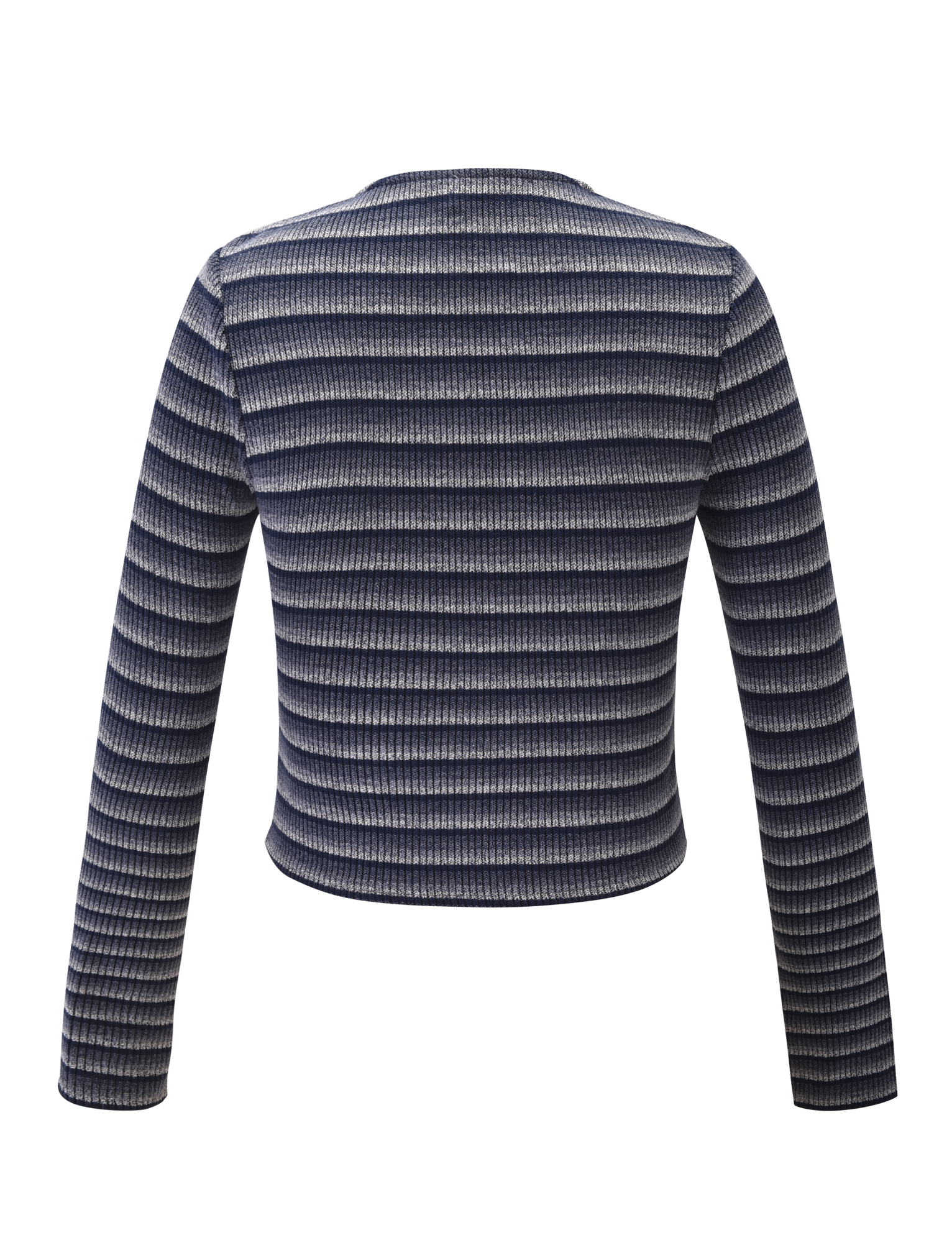Back view of the TIGERMIST TIMARA CARDIGAN - NAVY STRIP, a ribbed knit long-sleeve cardigan with horizontal navy and white stripes and subtle mini buttons, displayed on a plain white background.