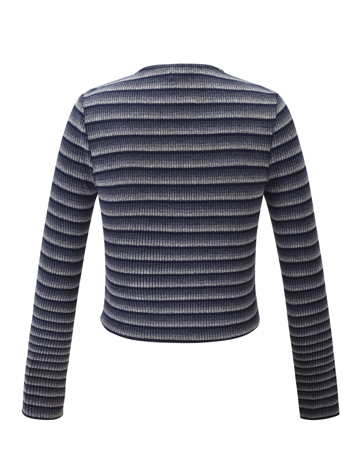 Back view of the TIGERMIST TIMARA CARDIGAN - NAVY STRIP, a ribbed knit long-sleeve cardigan with horizontal navy and white stripes and subtle mini buttons, displayed on a plain white background.