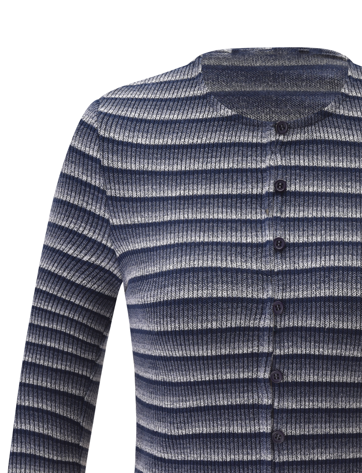A close-up of the TIGERMIST TIMARA CARDIGAN - NAVY STRIP shows its long sleeves, ribbed knit texture, and mini front buttons. The navy, gray, and white horizontal stripes stand out against a plain white background.