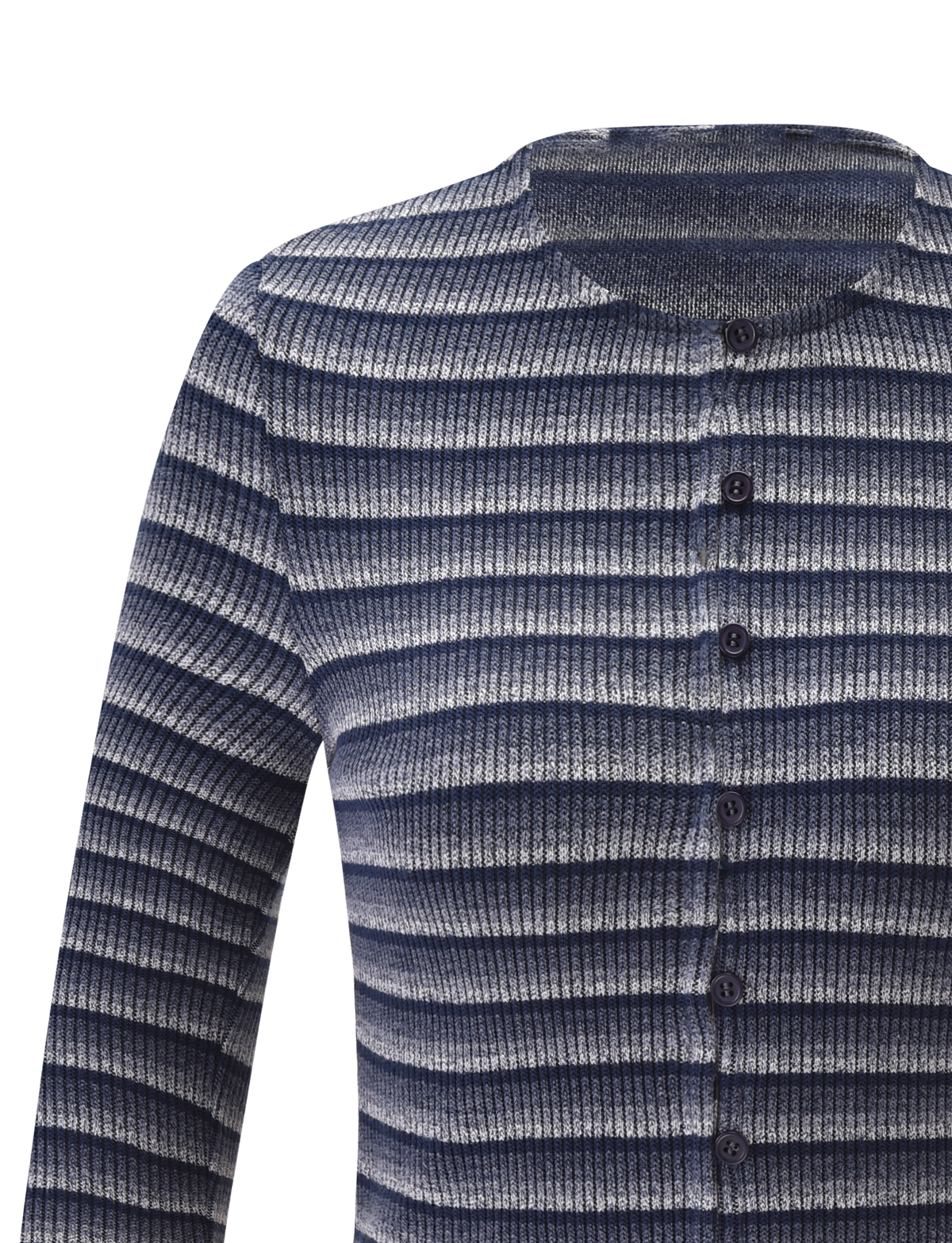 A close-up of the TIGERMIST TIMARA CARDIGAN - NAVY STRIP shows its long sleeves, ribbed knit texture, and mini front buttons. The navy, gray, and white horizontal stripes stand out against a plain white background.