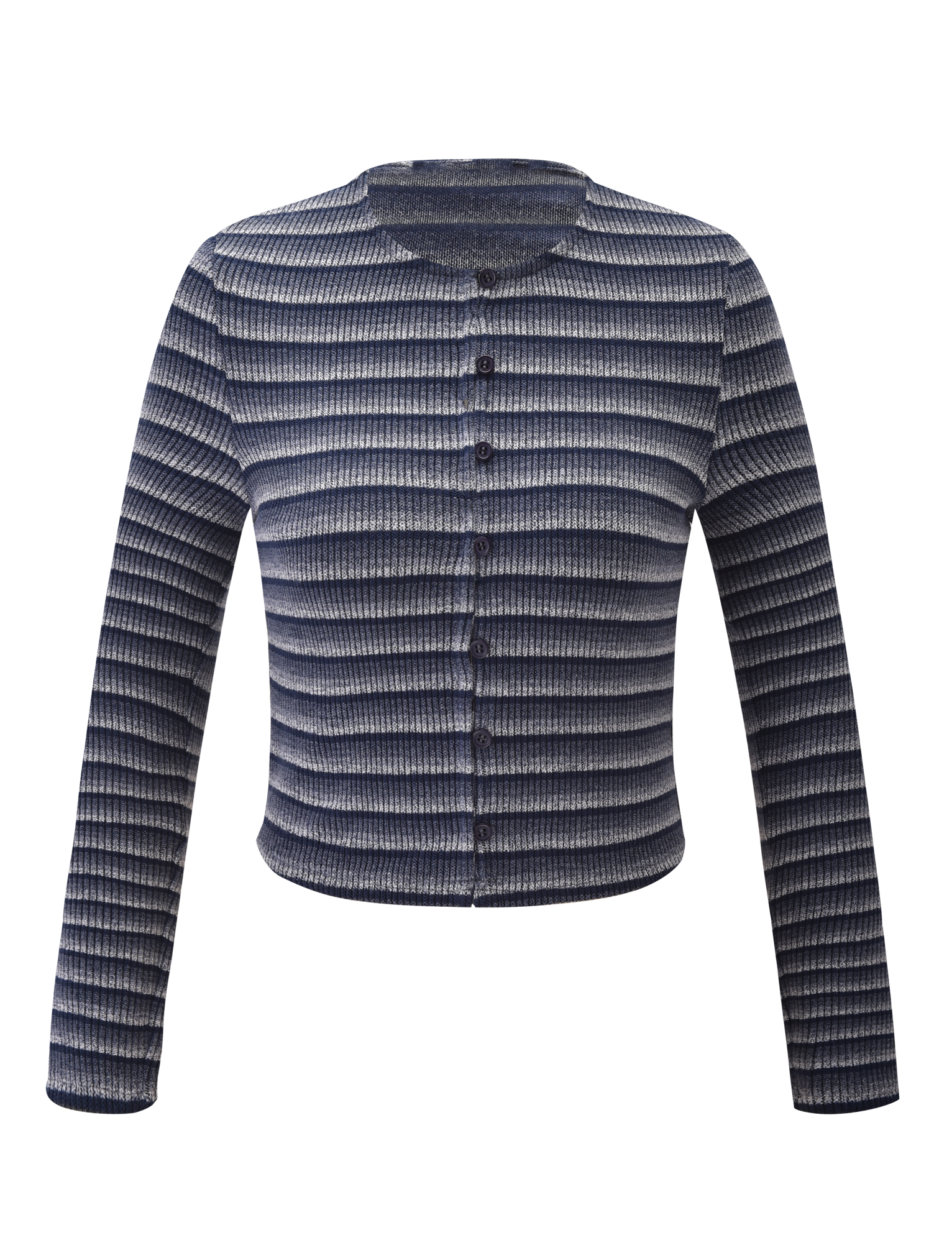 The TIMARA CARDIGAN - NAVY STRIP by TIGERMIST is a long-sleeve cardigan with horizontal white stripes, crafted from ribbed space dyed yarn, featuring a crew neckline and mini button-down front.