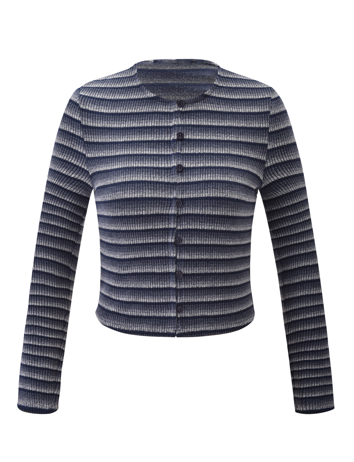 The TIMARA CARDIGAN - NAVY STRIP by TIGERMIST is a long-sleeve cardigan with horizontal white stripes, crafted from ribbed space dyed yarn, featuring a crew neckline and mini button-down front.