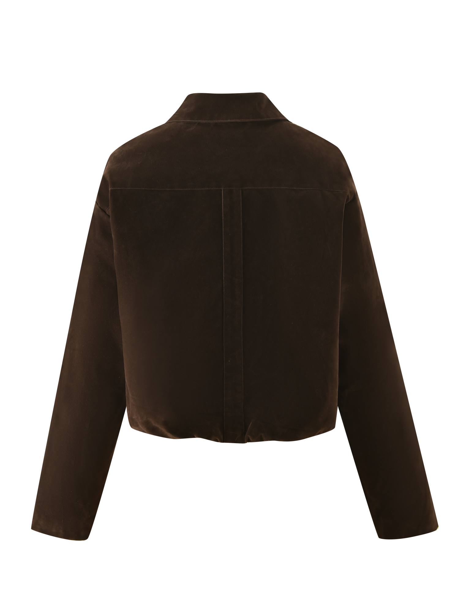 Back view of the TIGERMIST CAMELLIA BOMBER JACKET in chocolate suede, featuring a vintage wash, cropped fit, long sleeves, straight hem, and a vertical center seam.