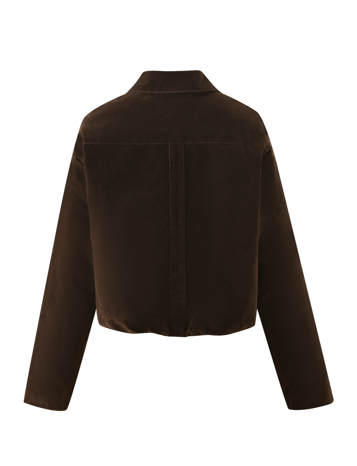 Back view of the TIGERMIST CAMELLIA BOMBER JACKET in chocolate suede, featuring a vintage wash, cropped fit, long sleeves, straight hem, and a vertical center seam.