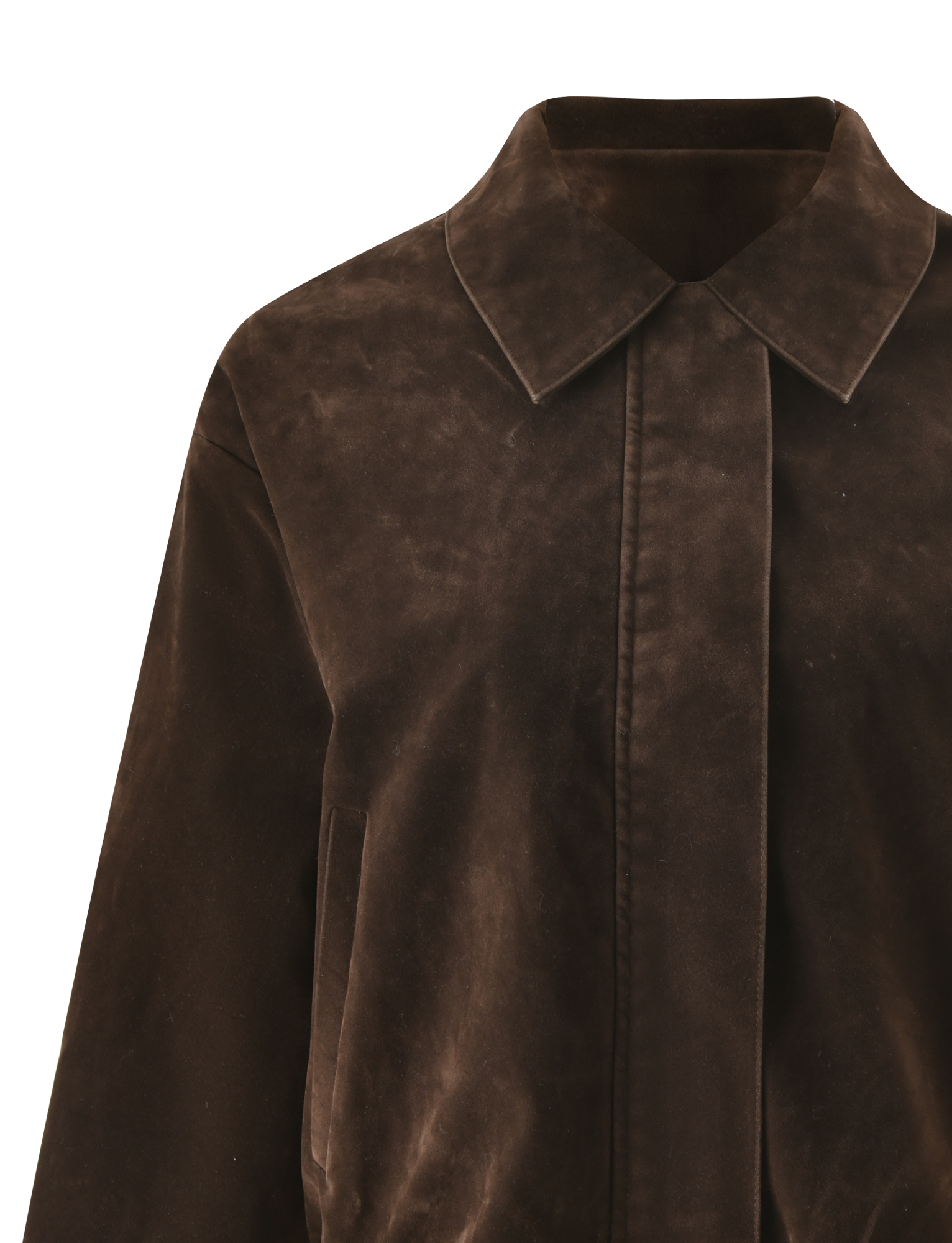 Close-up of the TIGERMIST CAMELLIA BOMBER JACKET in chocolate suede, featuring a collar, long sleeves, and side pockets, shown from the chest up.