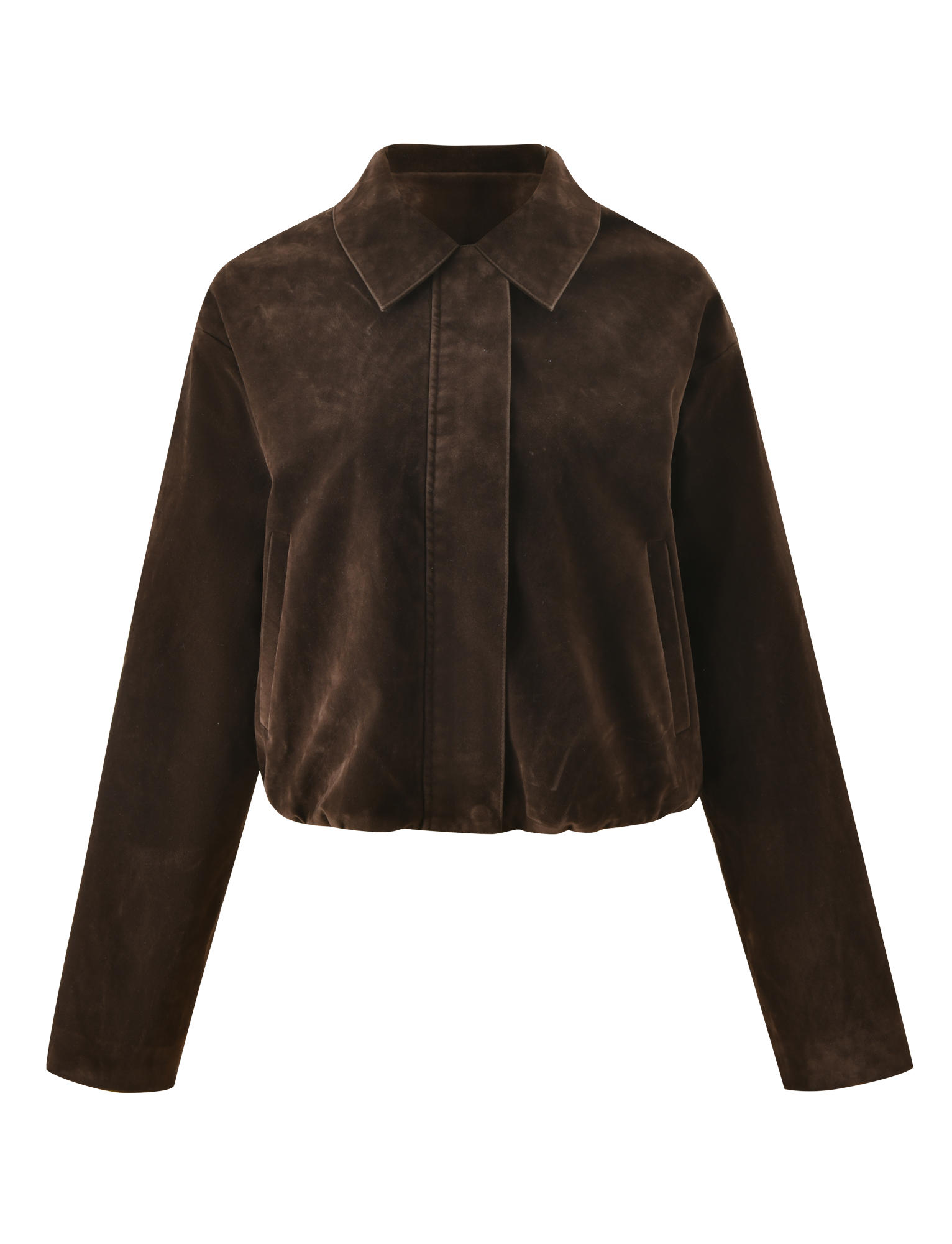 The TIGERMIST CAMELLIA BOMBER JACKET in chocolate suede features long sleeves, a pointed collar, a hidden front closure, and a slightly gathered hem for a vintage-inspired look.