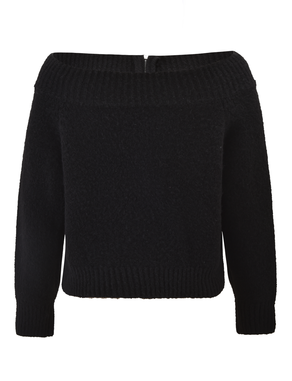 The TIGERMIST LUNETTE JUMPER - BLACK is a cozy off-the-shoulder sweater with long sleeves and ribbed neckline, cuffs, and hem, shown on a white background.