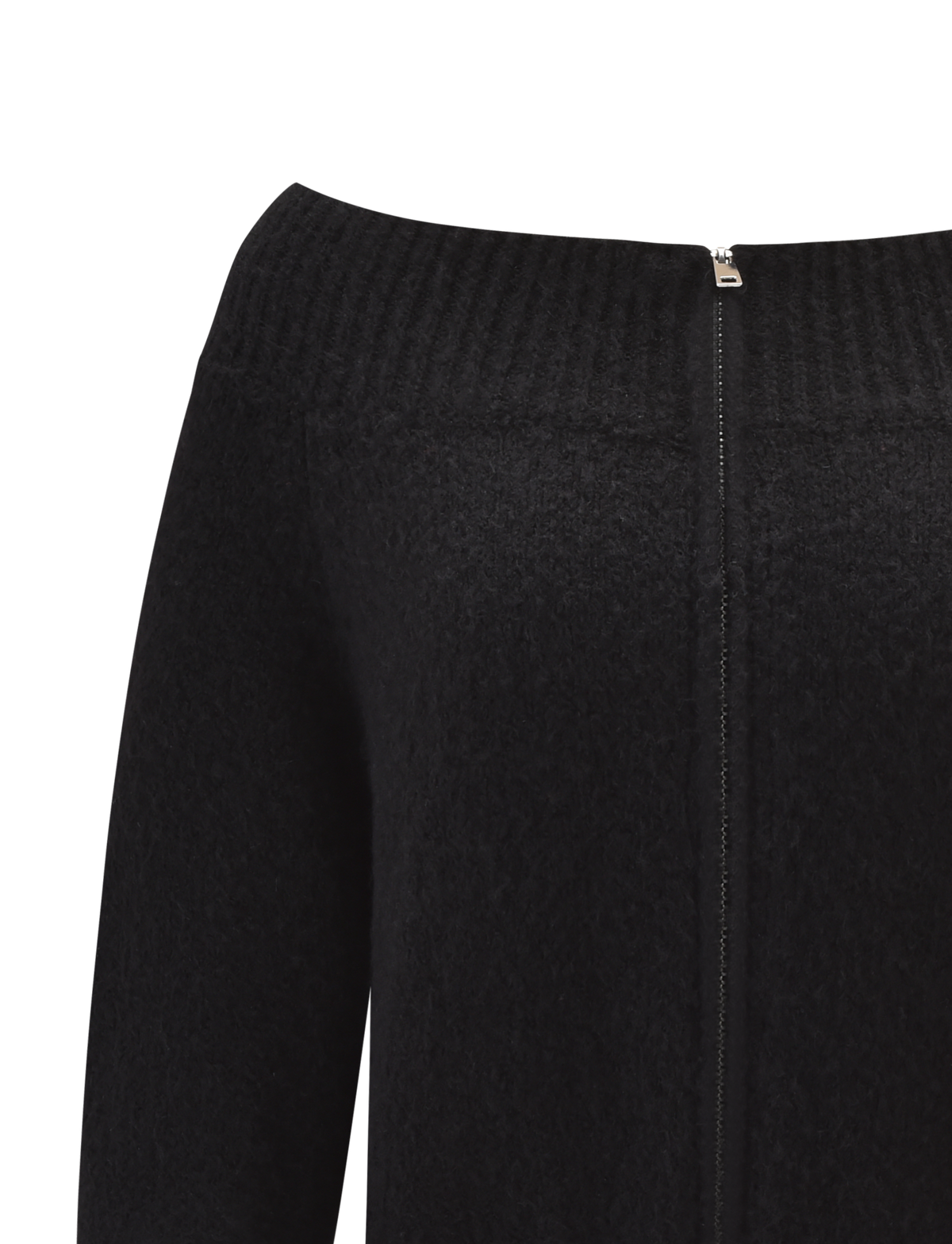 The LUNETTE JUMPER by TIGERMIST features a black off-the-shoulder merino wool knit, with ribbed neckline detailing and a visible front zipper.