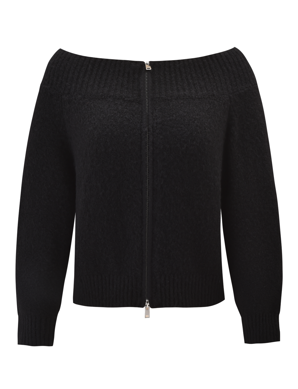 The TIGERMIST LUNETTE JUMPER - BLACK is a cozy, off-the-shoulder knit sweater with long sleeves, a vertical silver front zipper, and ribbed cuffs, hem, and neckline for comfort and style.