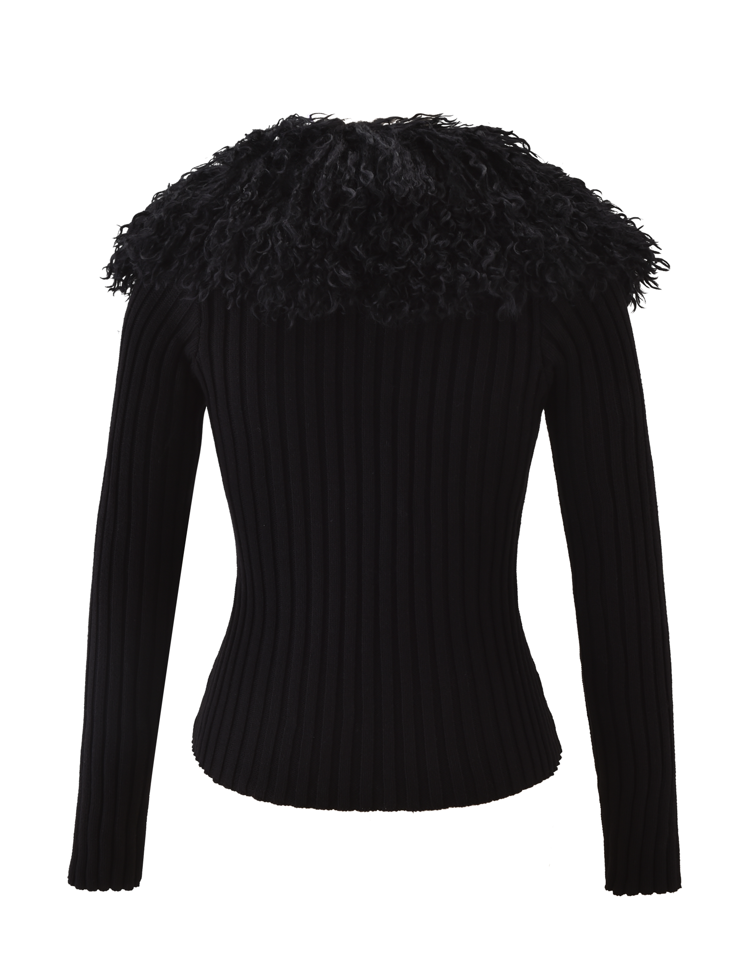 The BRISA JUMPER by TIGERMIST is a black, long-sleeve ribbed cardigan with a faux fur collar. Shown from the back on a plain white background, this fitted sweater adds texture and style to any outfit.