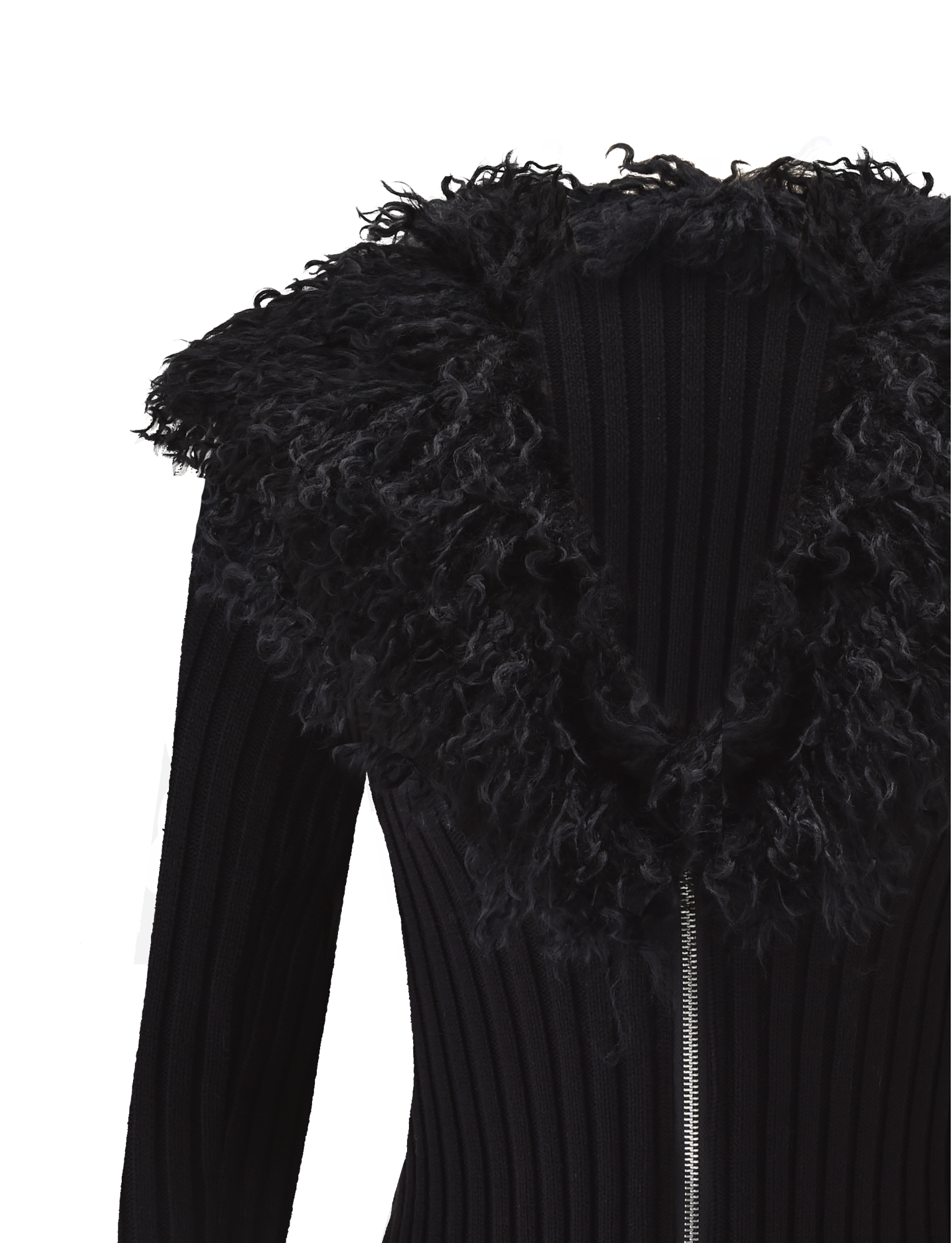 A close-up of the TIGERMIST BRISA JUMPER in black, showcasing its ribbed design, silver zipper, and large fluffy faux fur collar against a white background.