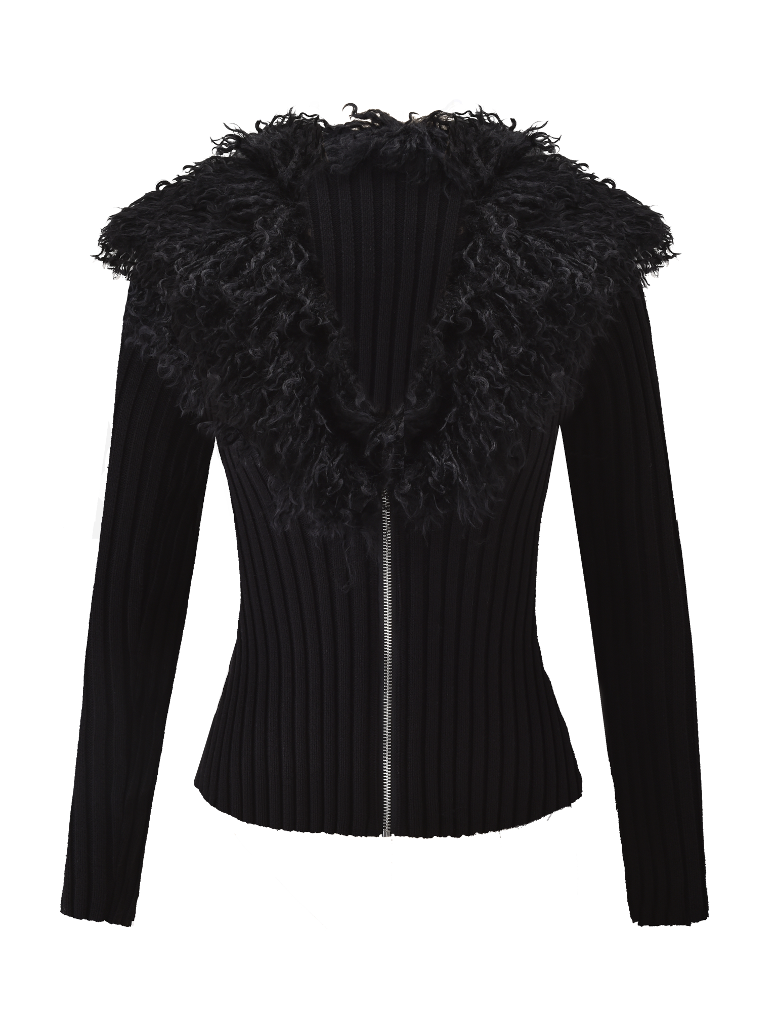 The TIGERMIST BRISA JUMPER in black features ribbed long sleeves, a silver zipper, and a large fluffy faux fur collar, shown on a plain white background.