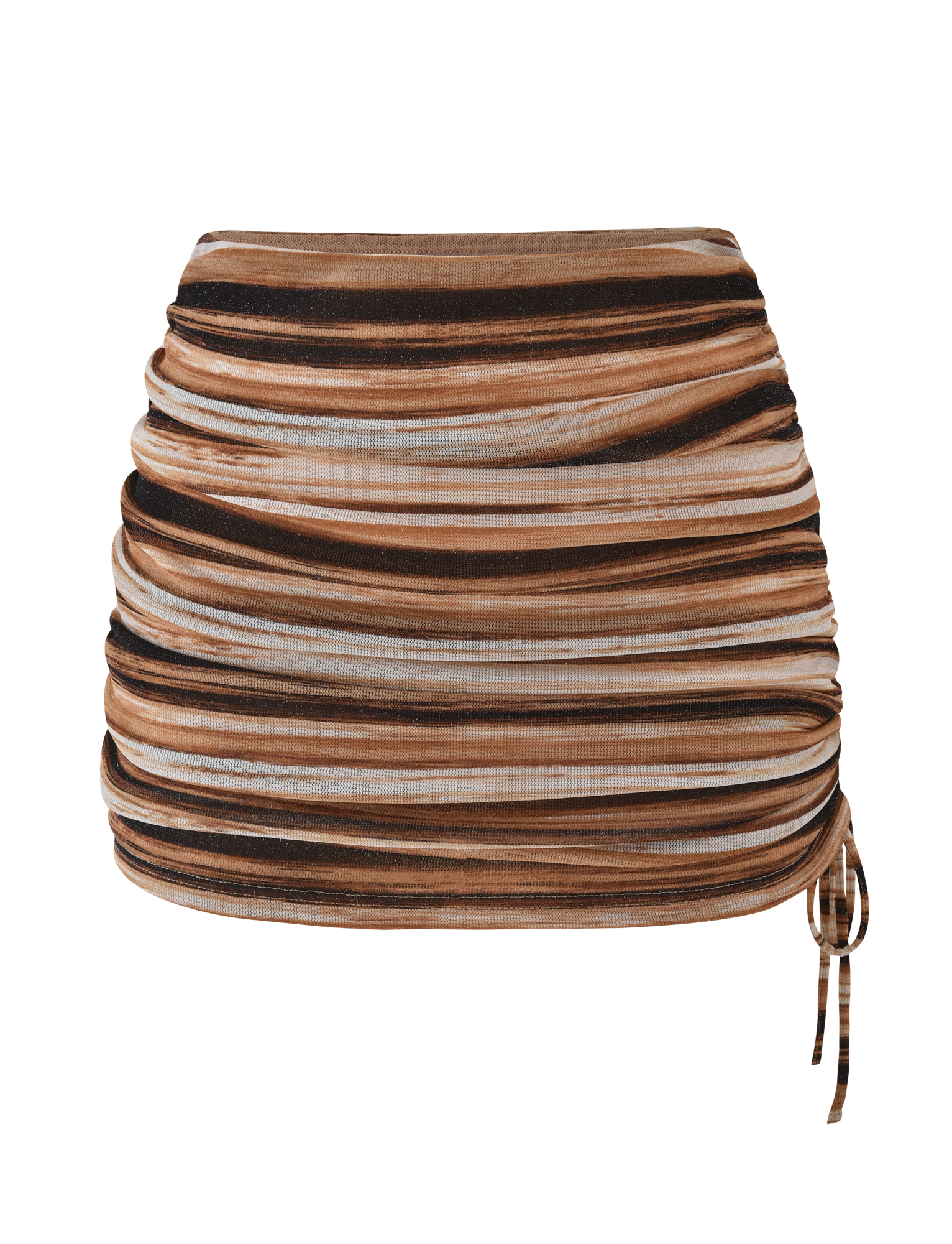 The BRAELYN MINI SKIRT - BROWN STRIPE by TIGERMIST features brown, black, and beige stripes, a drawstring side tie, and ruched details, displayed on a white background.