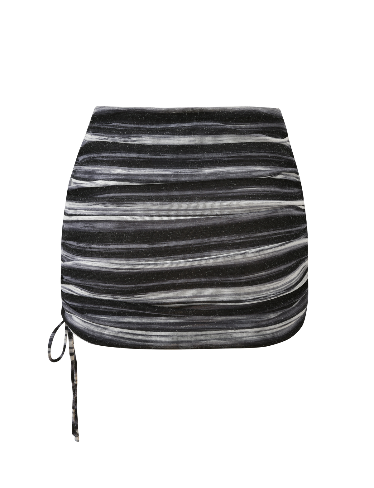 The BRAELYN MINI SKIRT by TIGERMIST features bold grey stripes, side ruching, and a left drawstring tie, shown on a plain white background.
