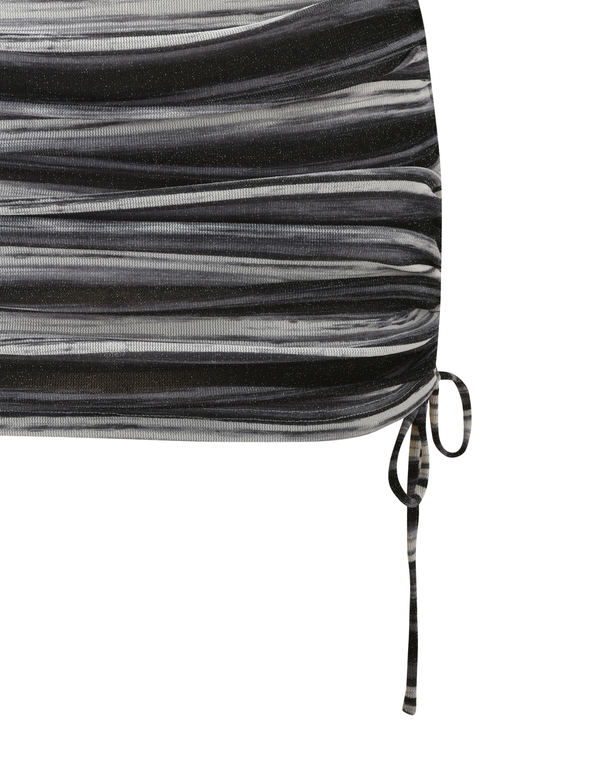 Close-up of the TIGERMIST BRAELYN MINI SKIRT - GREY STRIPE, showcasing black, gray, and white stripes, ruched fabric, and a right-side drawstring tie.