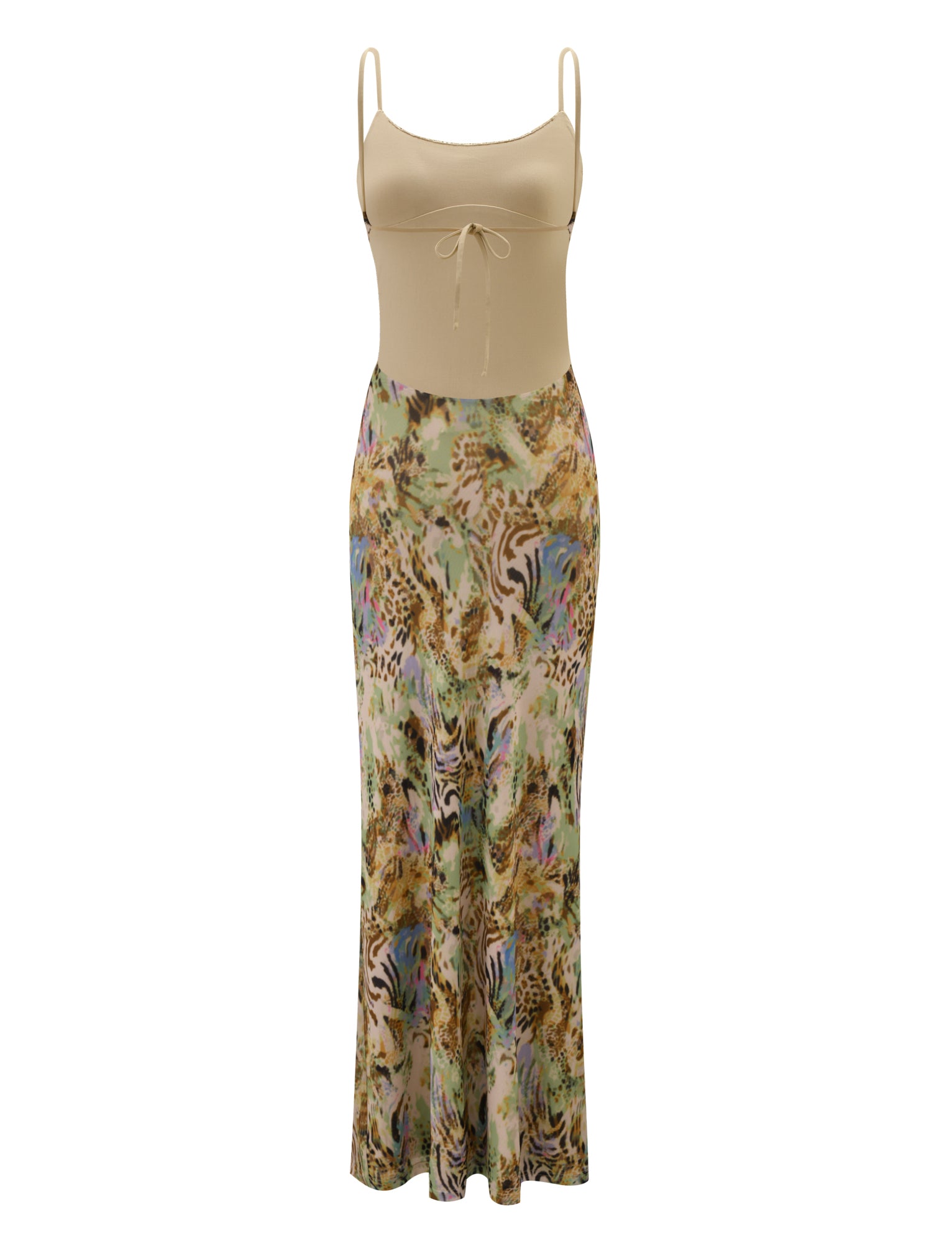 The ELYSIUM MAXI DRESS - ANIMAL SWIRL by TIGERMIST is a sleeveless, beige spaghetti strap maxi with a fitted bodice, front tie detail, and flowy skirt featuring colorful animal and abstract prints—ideal for animal print bodycon fans.