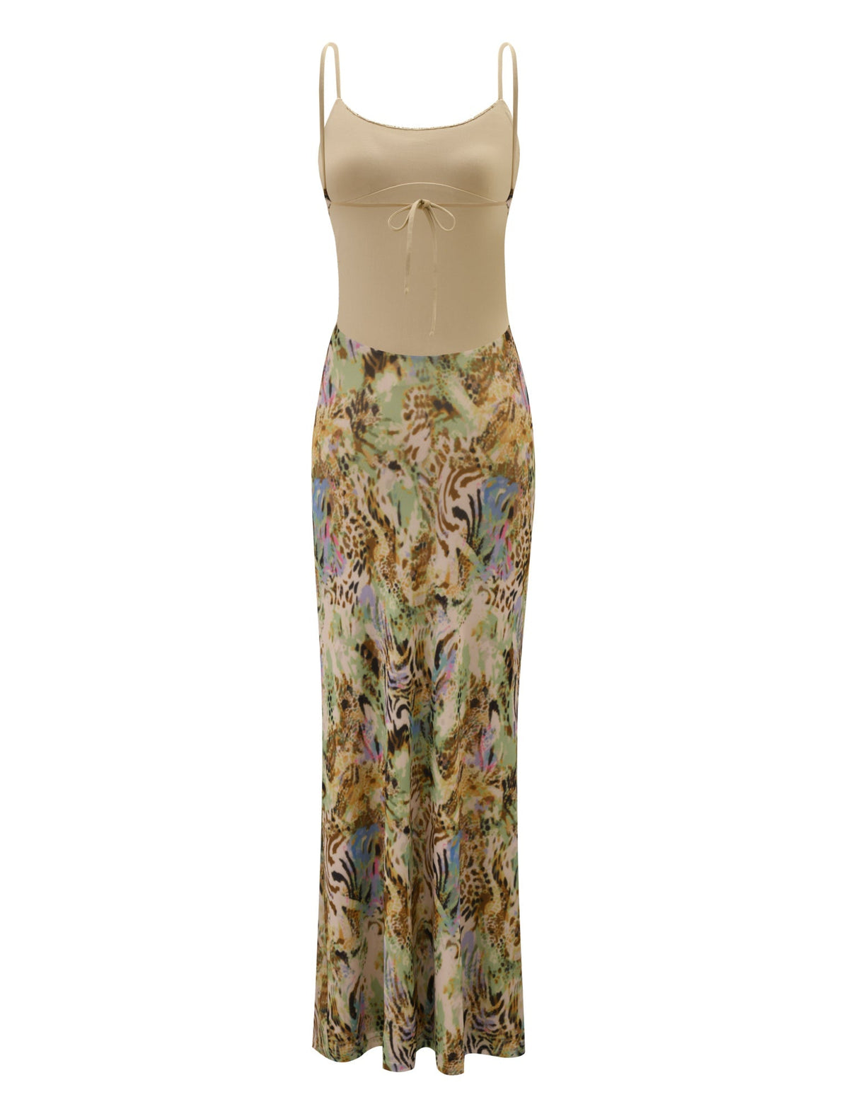 The ELYSIUM MAXI DRESS - ANIMAL SWIRL by TIGERMIST is a sleeveless, beige spaghetti strap maxi with a fitted bodice, front tie detail, and flowy skirt featuring colorful animal and abstract prints—ideal for animal print bodycon fans.
