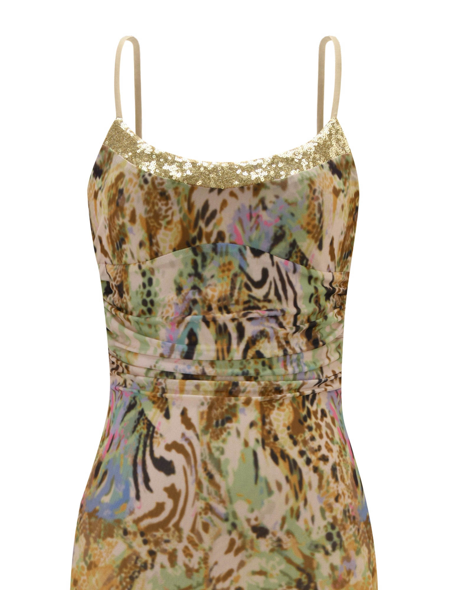 The ELYSIUM MAXI DRESS - ANIMAL SWIRL by TIGERMIST is a sleeveless bodycon featuring thin straps, a sequin neckline, and an eye-catching animal print in brown, beige, green, with touches of blue and pink.