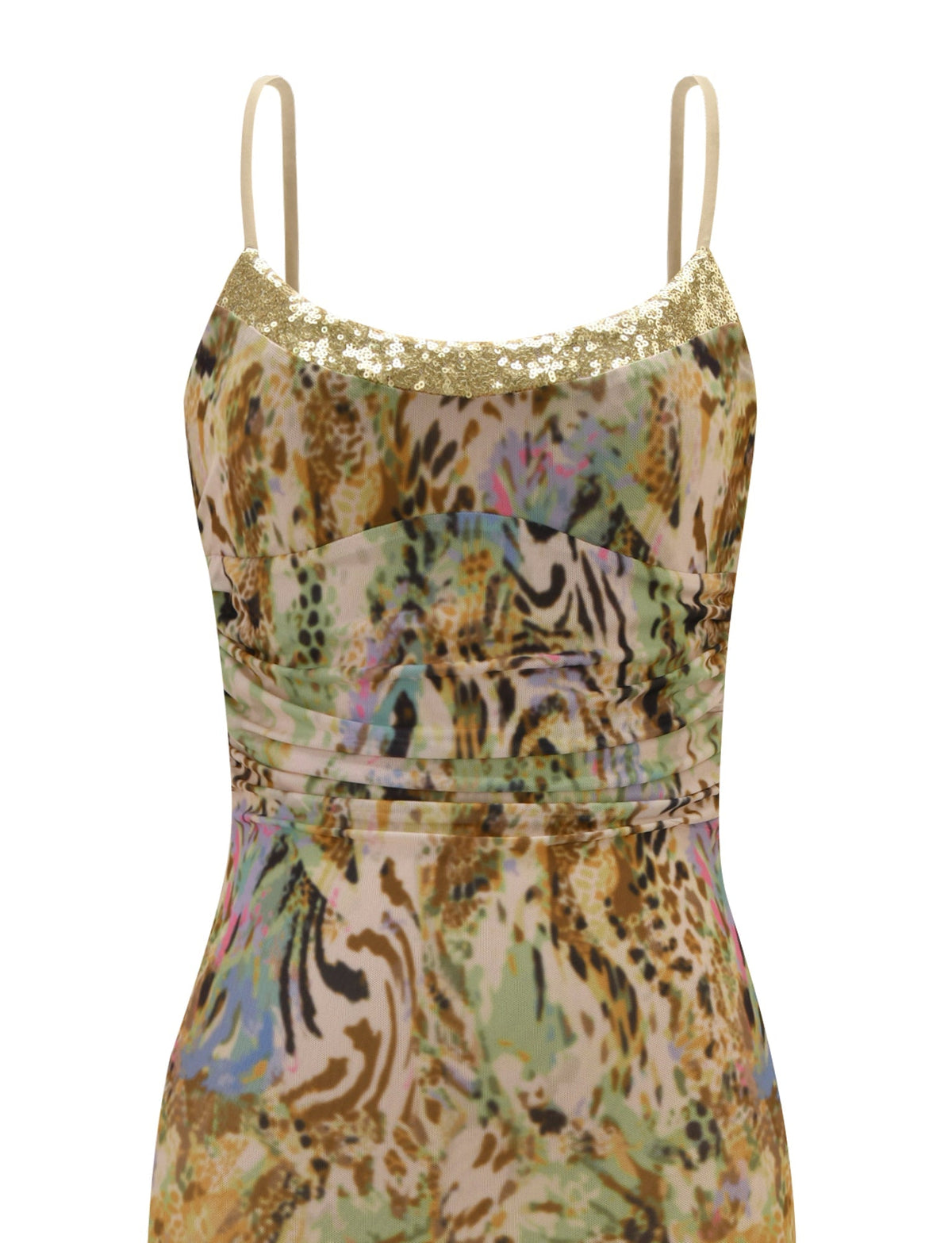 The ELYSIUM MAXI DRESS - ANIMAL SWIRL by TIGERMIST is a sleeveless bodycon featuring thin straps, a sequin neckline, and an eye-catching animal print in brown, beige, green, with touches of blue and pink.