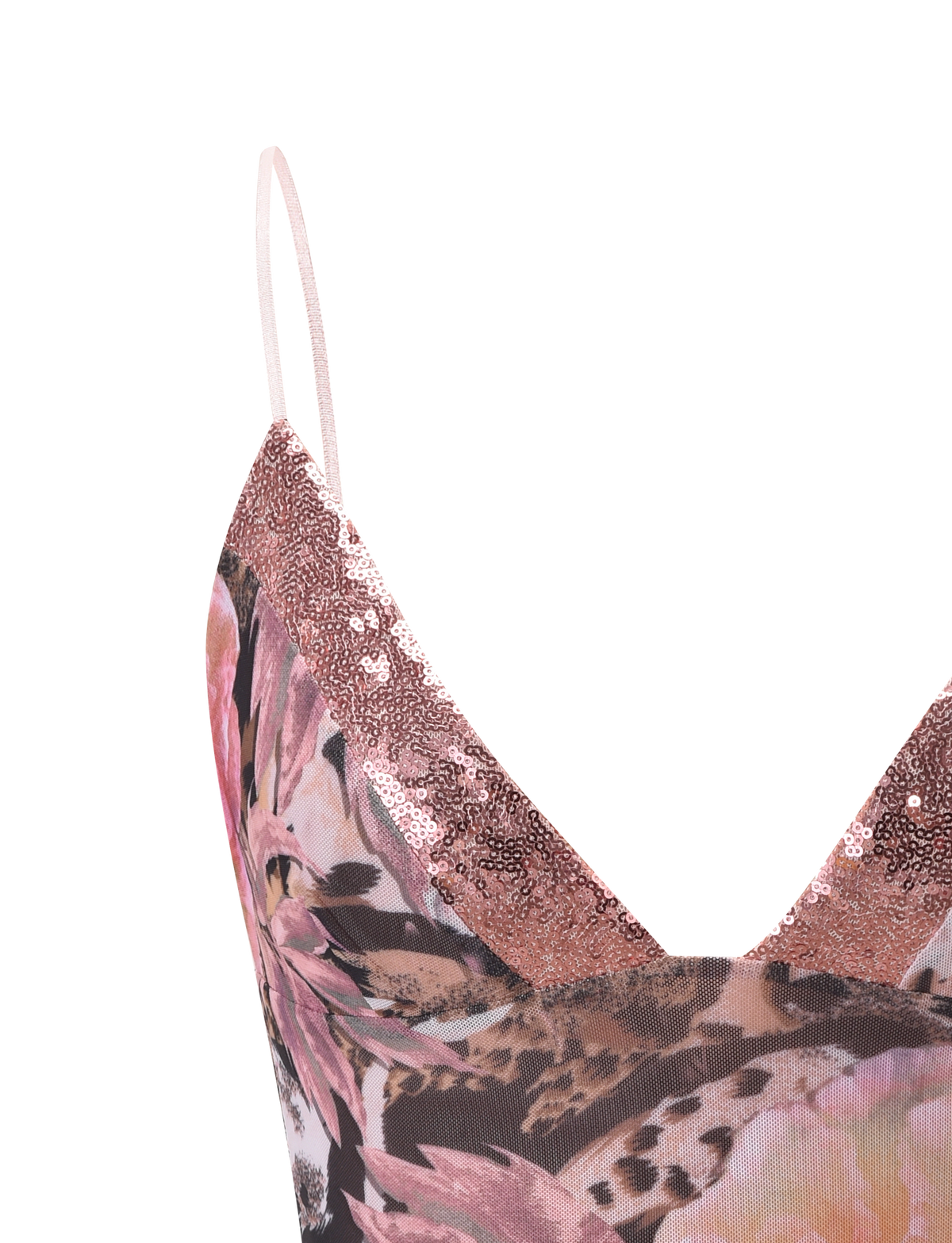 Close-up of the TIGERMIST FENELLA TOP - ANIMALIER FLORAL, a cami with thin straps, pink, brown, and beige floral animal print, and a rose gold sequin trim along the neckline.