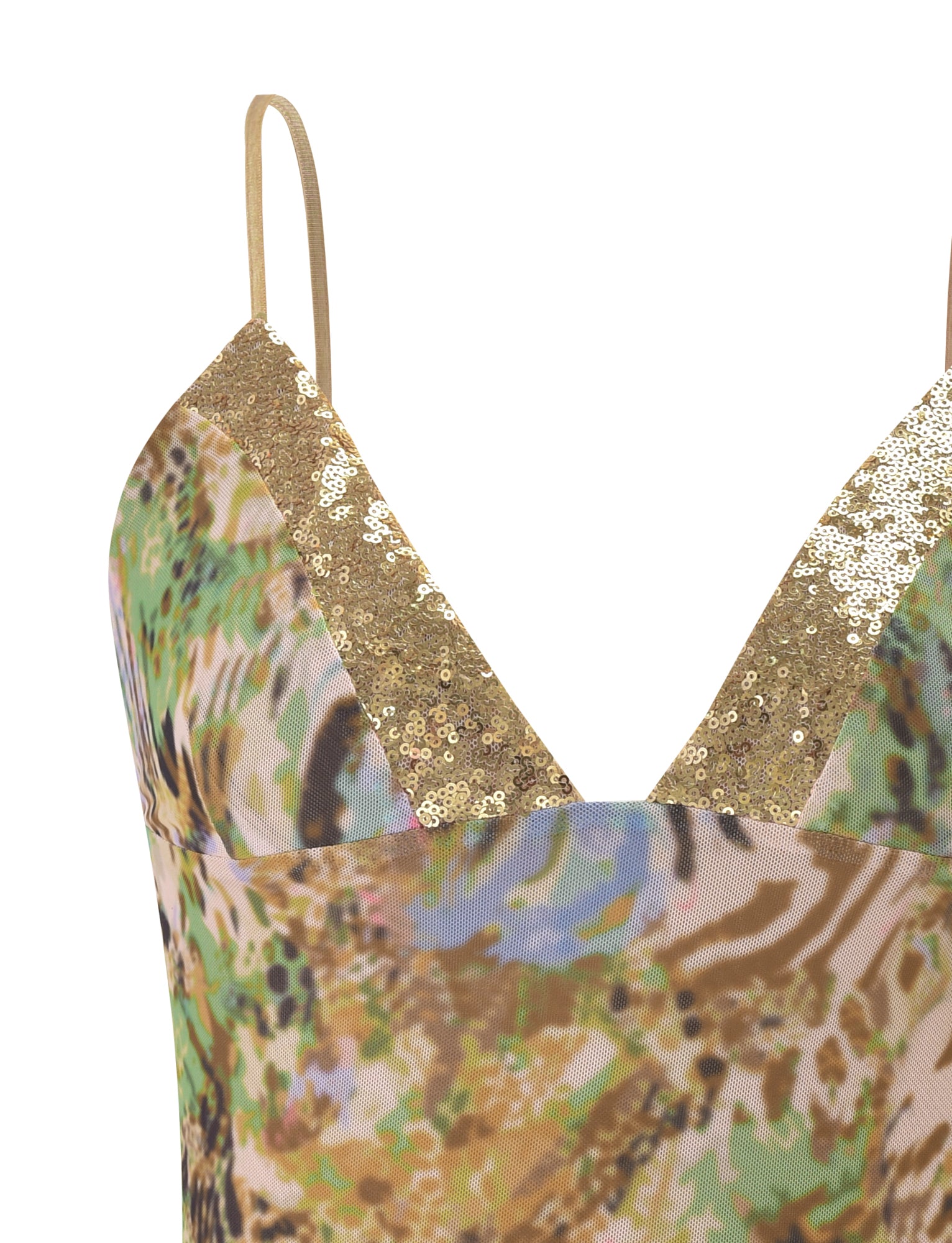 Close-up of the TIGERMIST FENELLA TOP - ANIMAL SWIRL: a mesh cami with thin straps, sequin bust detail, and a vibrant animal swirl pattern in green, brown, blue, and beige.