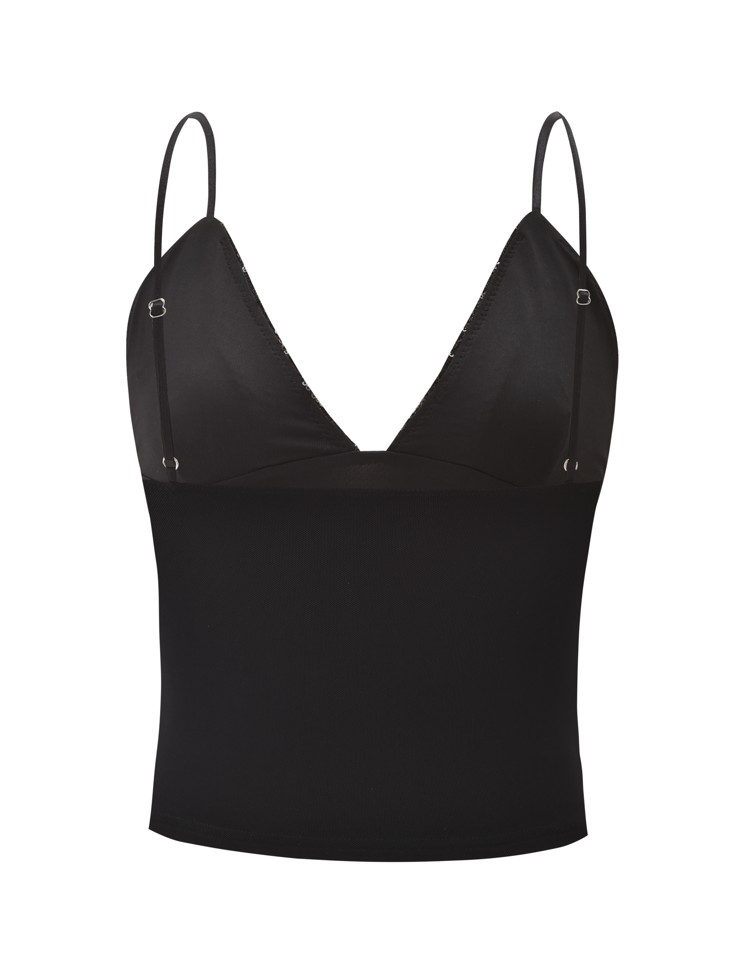 The FENELLA TOP - BLACK by TIGERMIST is a black sequin mesh tank top with adjustable spaghetti straps and a deep V-neckline, finished with delicate sequin trim, shown on a plain white background.