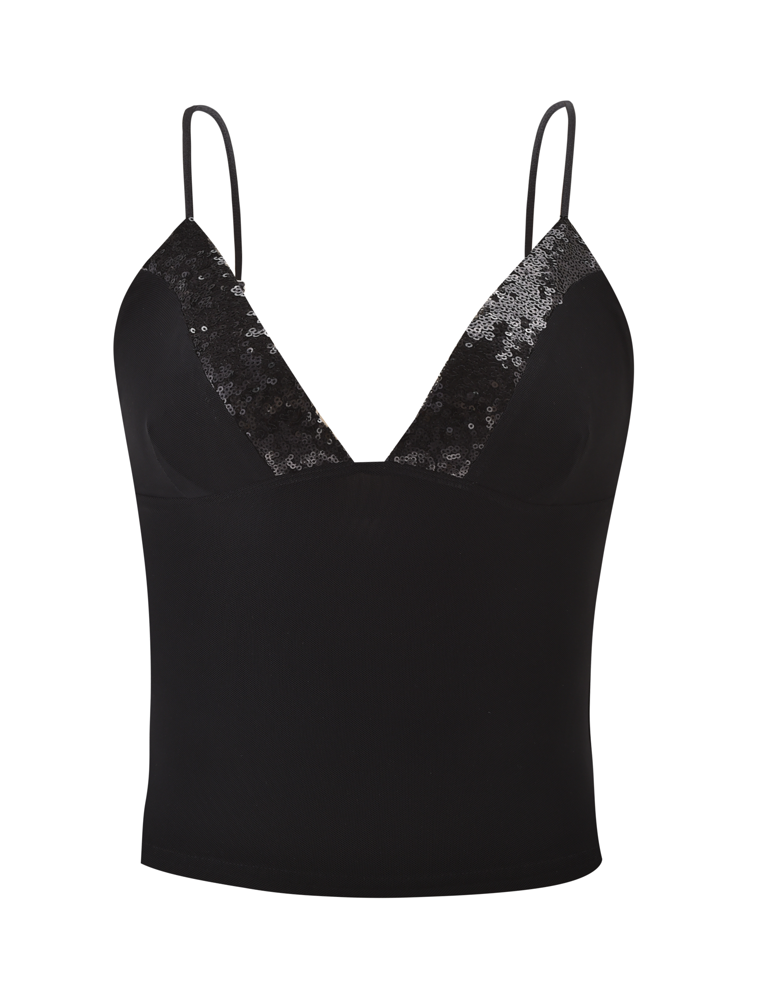 Black camisole with lace trim on a white background