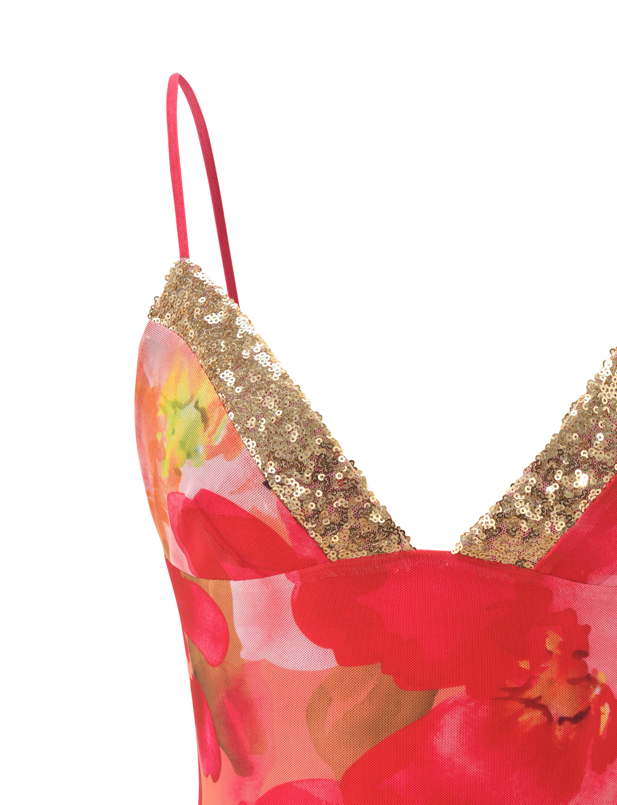 Close-up of the FENELLA TOP - DAIQUIRI FLORAL by TIGERMIST featuring thin red straps, a vibrant red and pink tropical floral print, and a V-shaped sequin neckline. Set against a plain white background.
