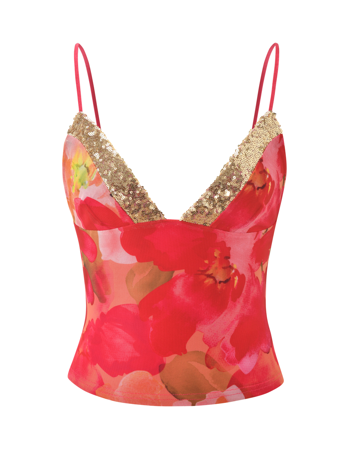 The FENELLA TOP - DAIQUIRI FLORAL by TIGERMIST features thin straps, gold sequin accents on a deep V-neckline, and a vibrant red, pink, and orange floral print on sheer mesh.