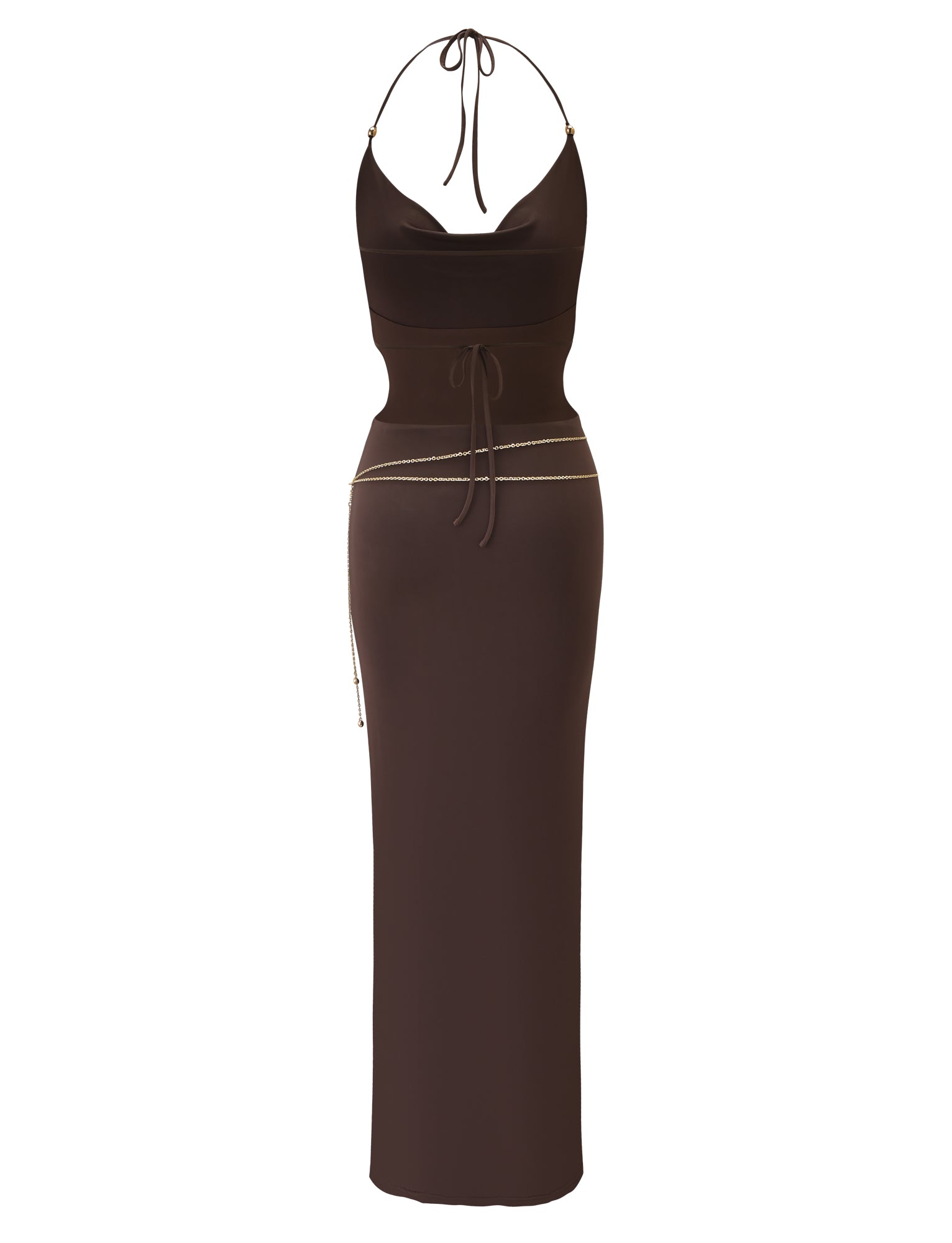 The SURIYA MAXI DRESS by TIGERMIST is a chocolate brown sleeveless cowl neck maxi with adjustable halter straps, fitted waist, tie detail, long skirt, and a delicate gold waist chain at the hips.