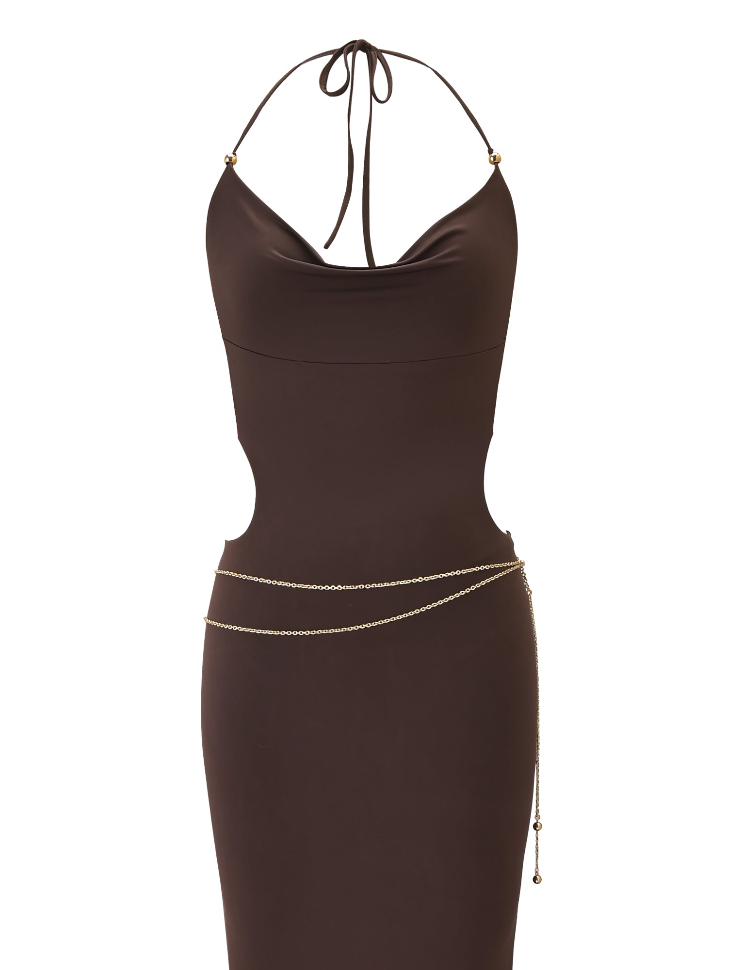 The SURIYA MAXI DRESS by TIGERMIST in chocolate brown features a cowl neck, adjustable halter straps, waist side cut-outs, and a delicate gold chain belt at the hips.