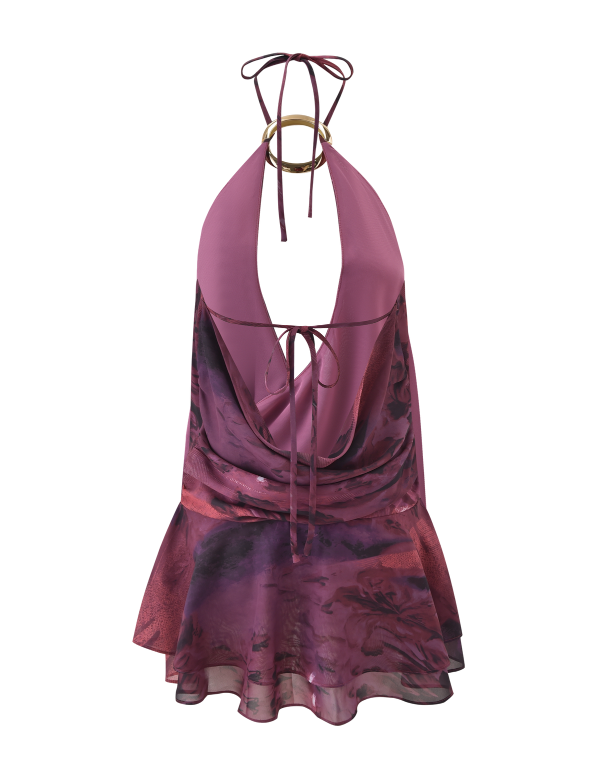 The TIGERMIST INDIGO MINI DRESS 2.0 - BURGUNDY ROMANTICA features a sleeveless halter-neck design with a deep V neckline, gold ring detail, and ties at the neck in a mix of solid mauve and sheer purple-pink patterned fabric.