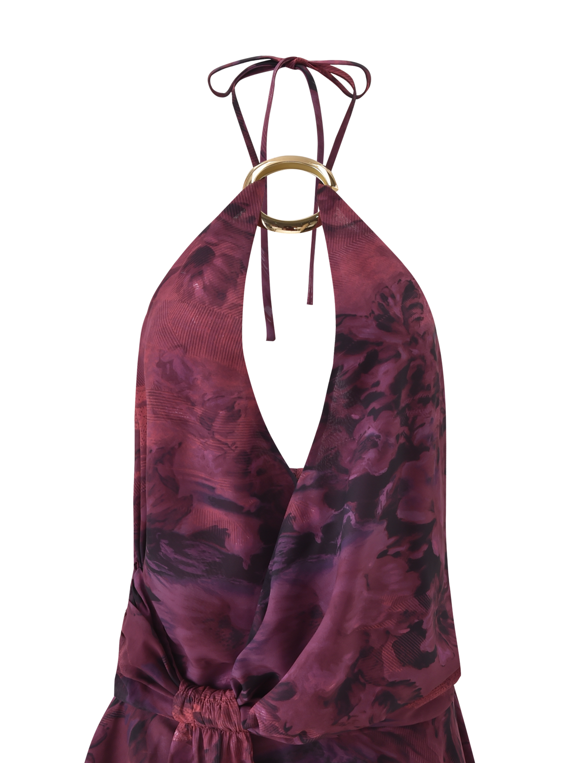 The INDIGO MINI DRESS 2.0 - BURGUNDY ROMANTICA by TIGERMIST is a sleeveless, deep V-neck halter mini dress in maroon and purple abstract print, with a gold ring at the neckline, tie neck closure, and a layered micro mini skirt.