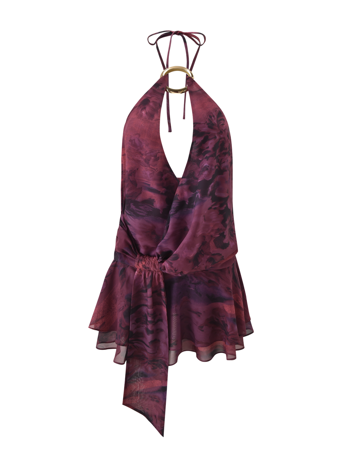 The INDIGO MINI DRESS 2.0 - BURGUNDY ROMANTICA by TIGERMIST features a sleeveless halter neck, abstract pattern, deep V neckline with gold ring detail, draped waist, and a flared asymmetrical layered micro mini skirt.