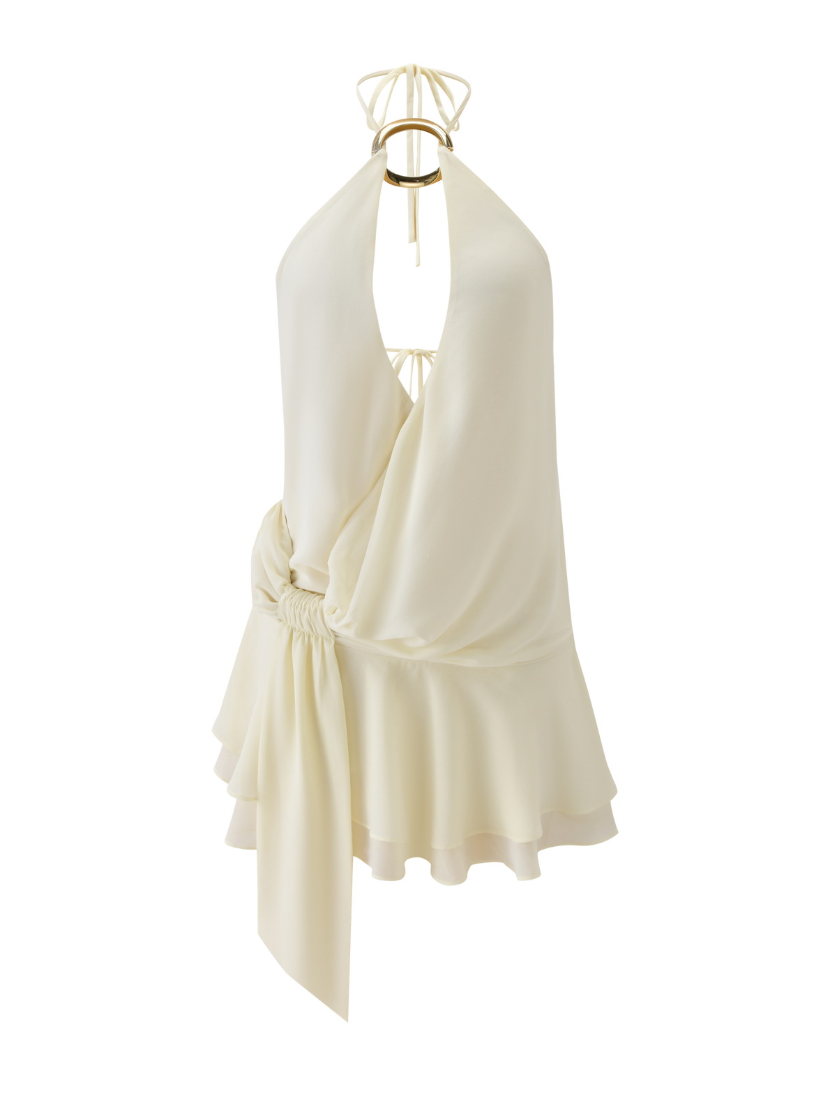 The INDIGO MINI DRESS 2.0 - IVORY by TIGERMIST features a deep neckline with gold ring detail, gathered adjustable tie waist, and ruffled hem. Its flowy, draped design has an open back with thin tie straps for a chic, effortless vibe.