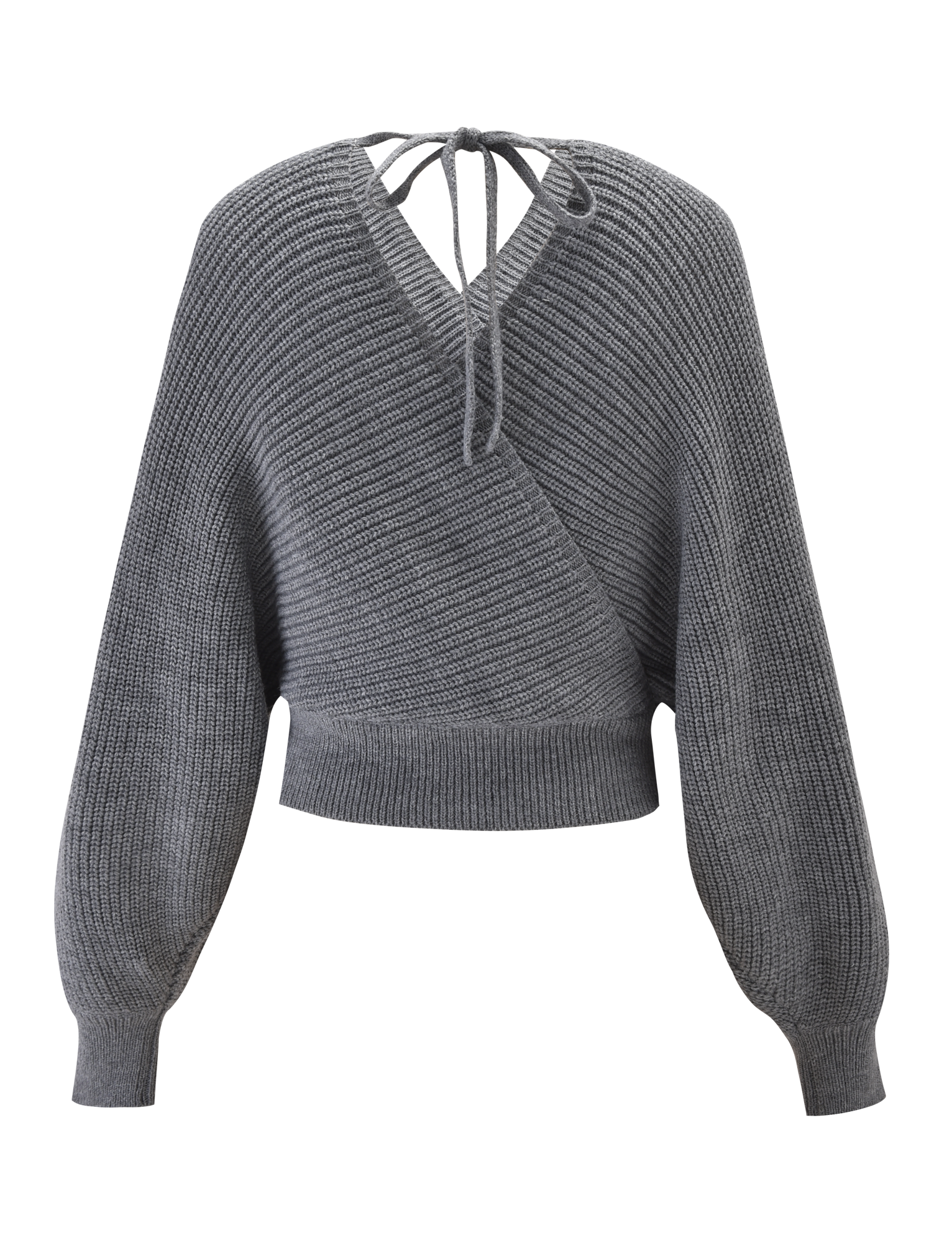 The TIGERMIST RAVEN JUMPER in grey features a faux wrap design, ribbed texture, long bell sleeves, deep V-back with neck tie closure, and a fitted waistband for a flattering silhouette.