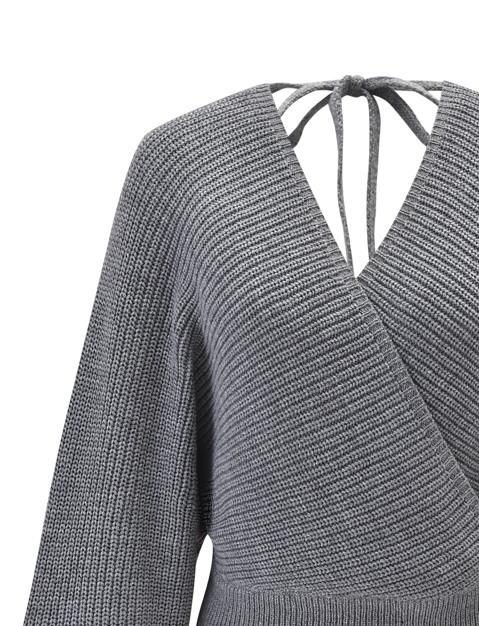 The RAVEN JUMPER - GREY by TIGERMIST features a deep V-neck, faux wrap design, long bell sleeves, ribbed knit texture, and a back neck tie closure.