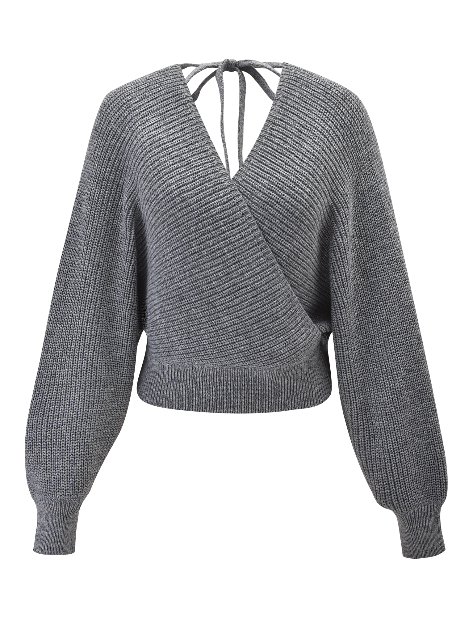 The RAVEN JUMPER - GREY by TIGERMIST is a faux wrap knit with a deep V-neck, ribbed cuffs and hem, plus crisscross tie detail at the back—delivering cozy style to your wardrobe.