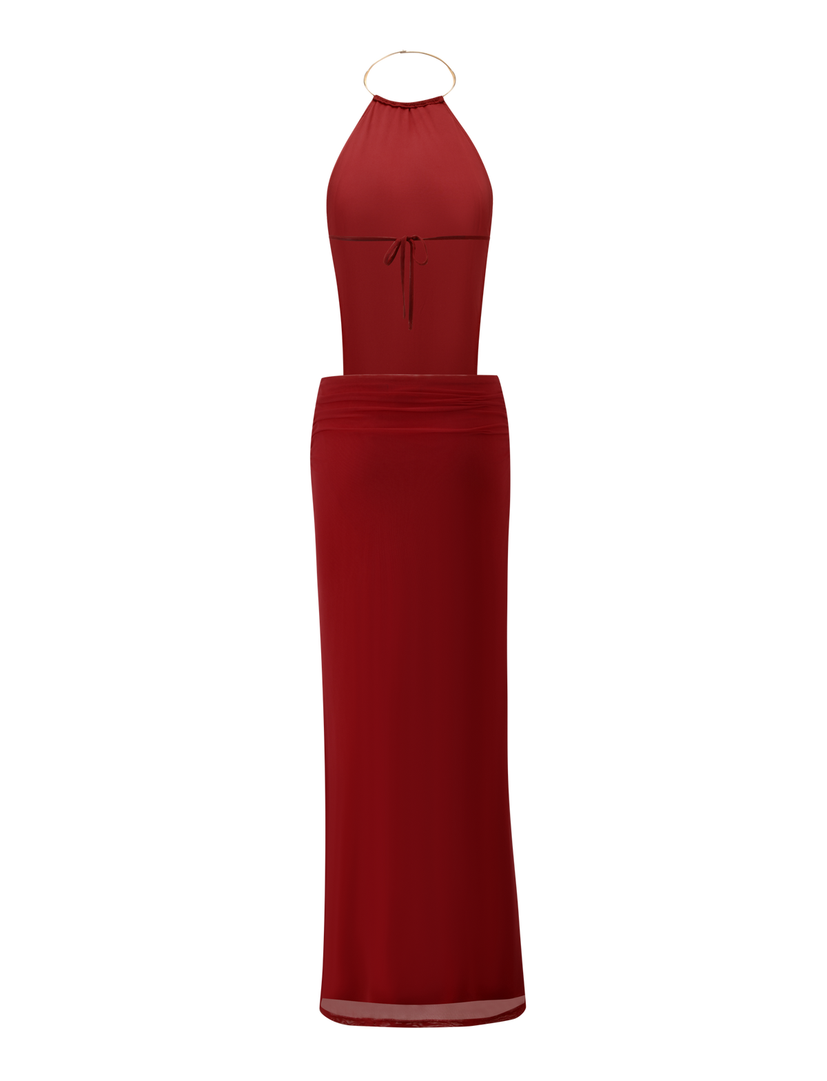 The TIGERMIST EVANNA MAXI DRESS - RED is a sleeveless, floor-length, high-neck dress with a gold neck ring, tie detail at the bust, fitted silhouette, open back, and elegant design shown on a plain white background.