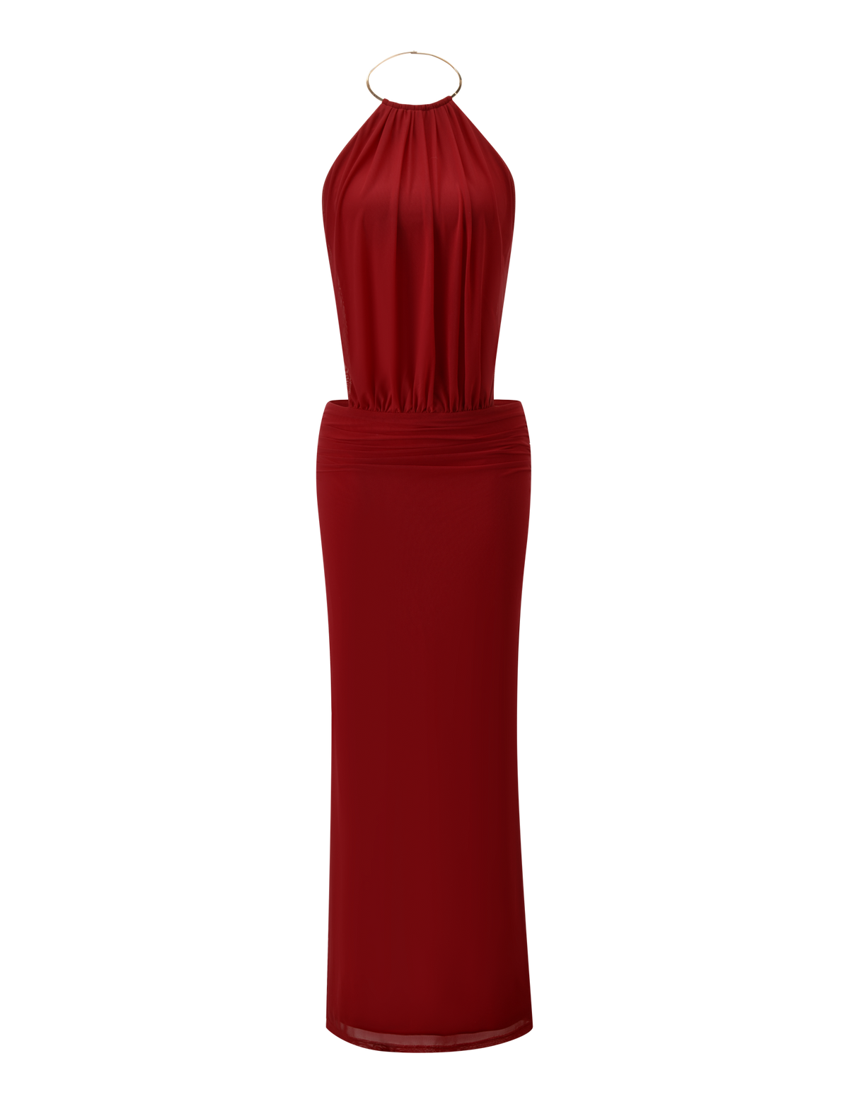 The EVANNA MAXI DRESS - RED by TIGERMIST is a sleeveless, floor-length maroon maxi dress with a halter neckline, gold ring detail, gathered bodice, and fitted waist and skirt. Displayed on a plain white background.