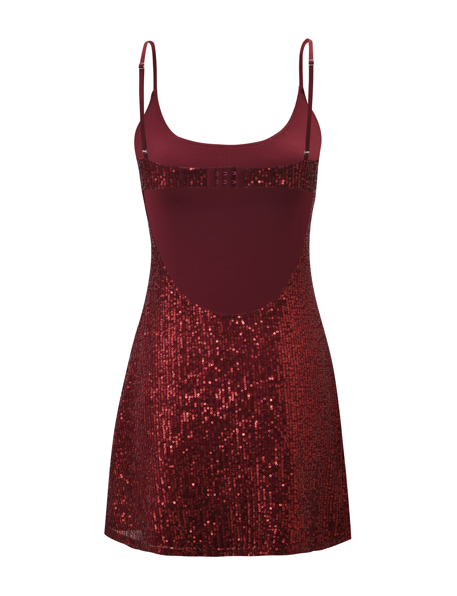 The ZEINA MINI DRESS - WINE SEQUIN by TIGERMIST is a sleeveless mini dress with sparkling wine-colored sequins on the skirt and midsection, a solid bust, thin adjustable straps, and an open back for a dazzling look.
